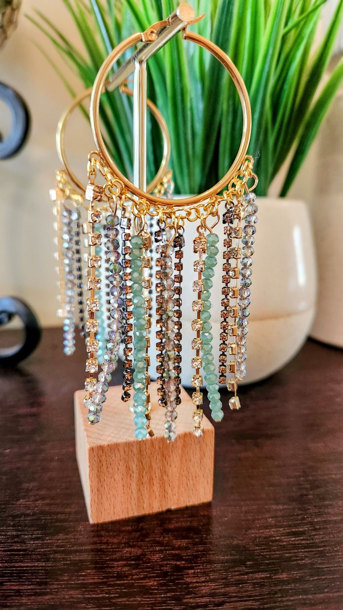 Big Gold Hoop Crystal Bead Dangle Earrings