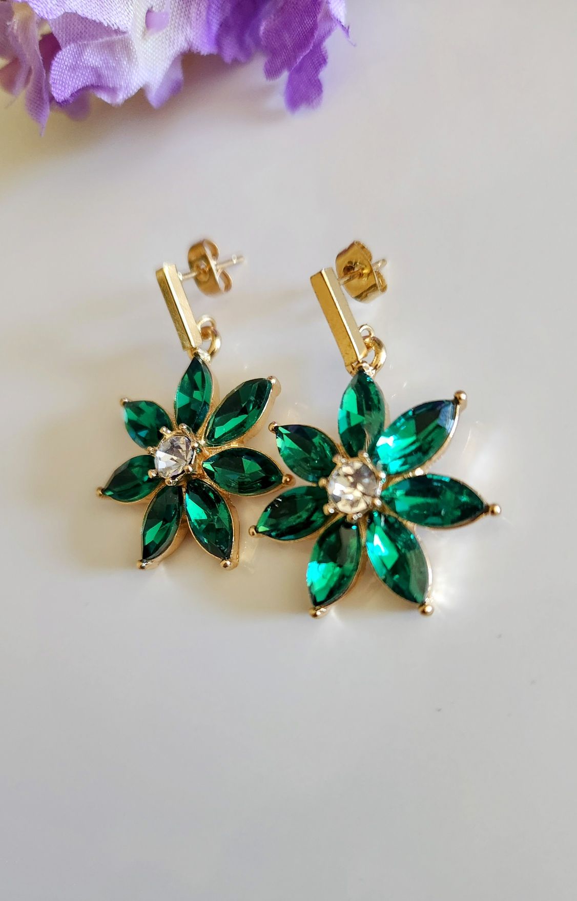 Emerald Green Flower Drop Earrings