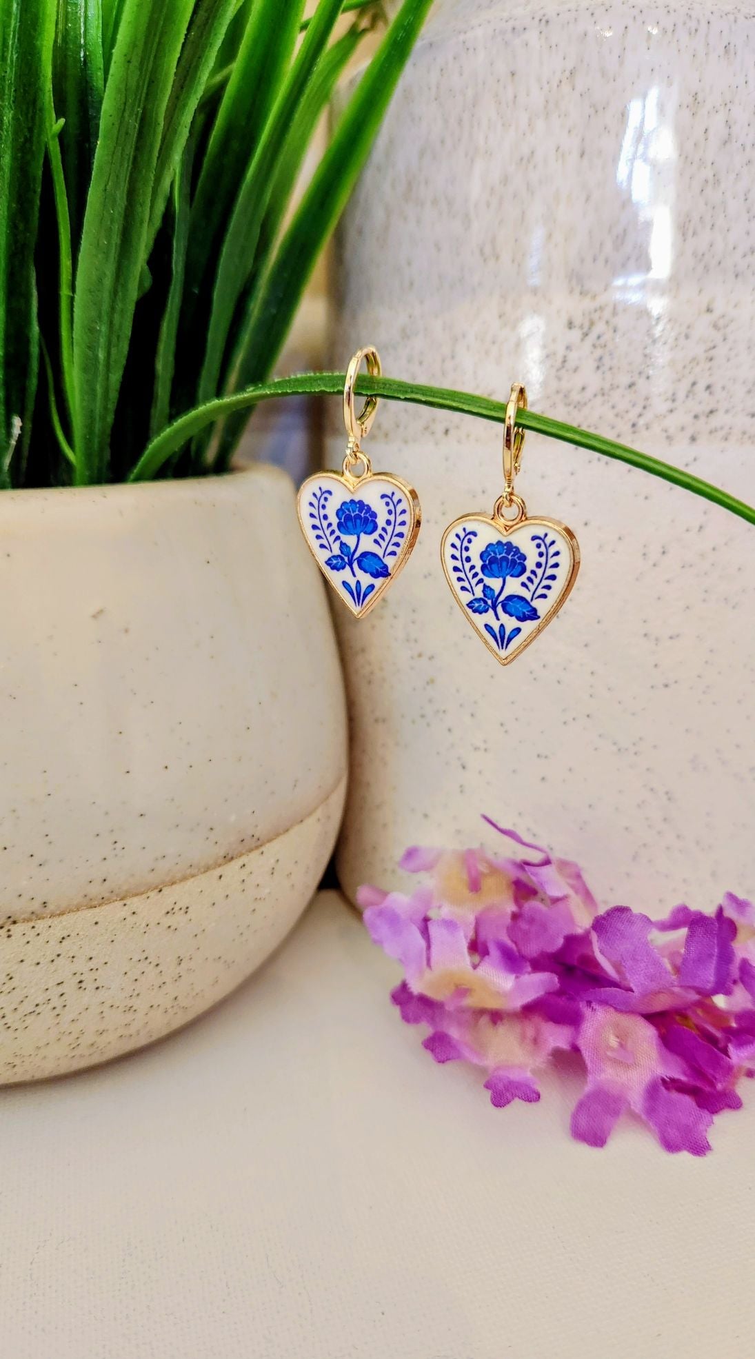 Dainty White Heart and Royal Blue Flower Huggie Earrings