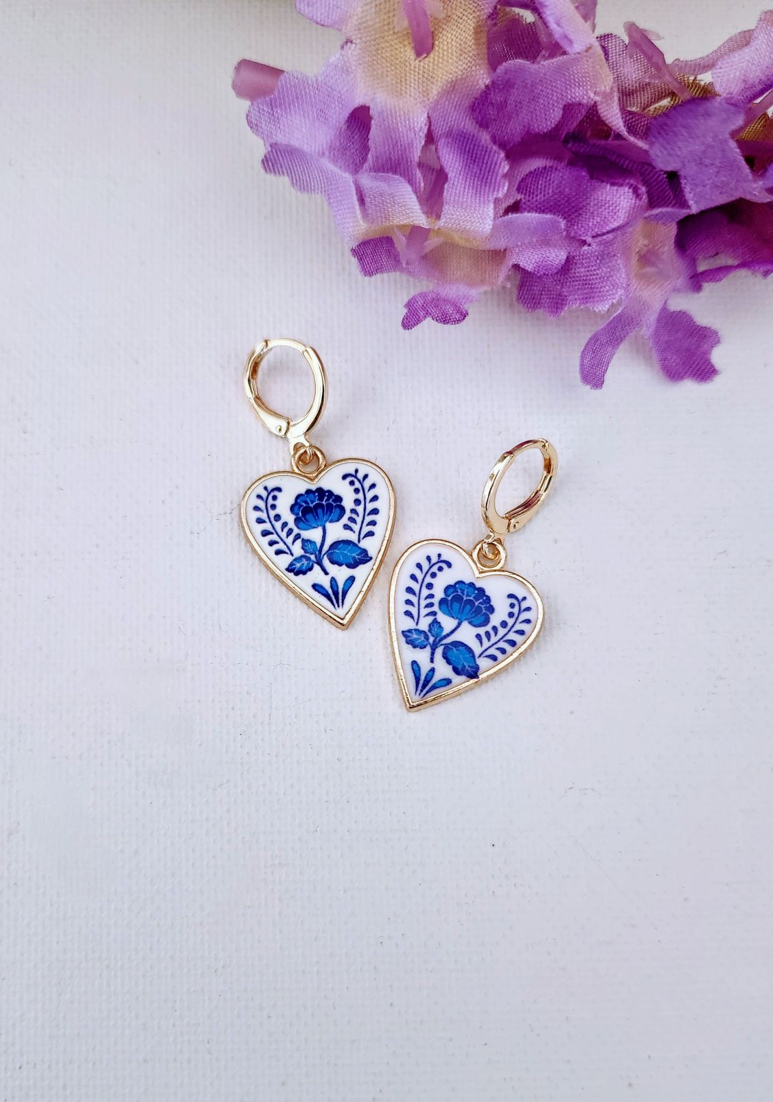 Dainty White Heart and Royal Blue Flower Huggie Earrings