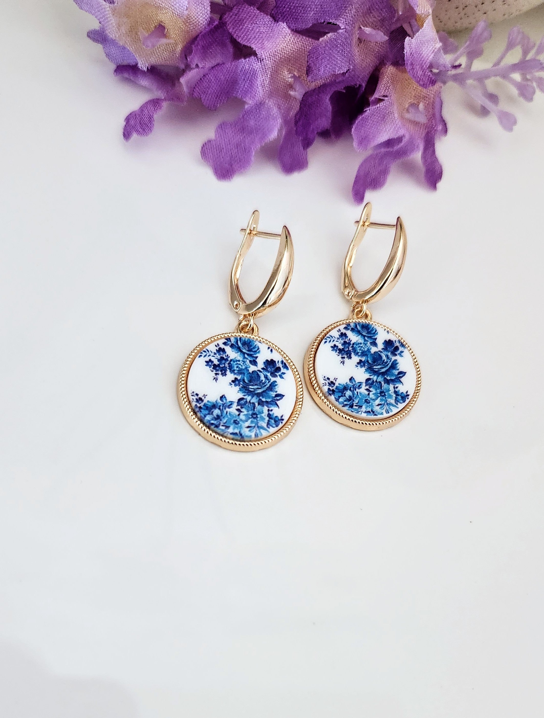 White and Blue Floral Earrings