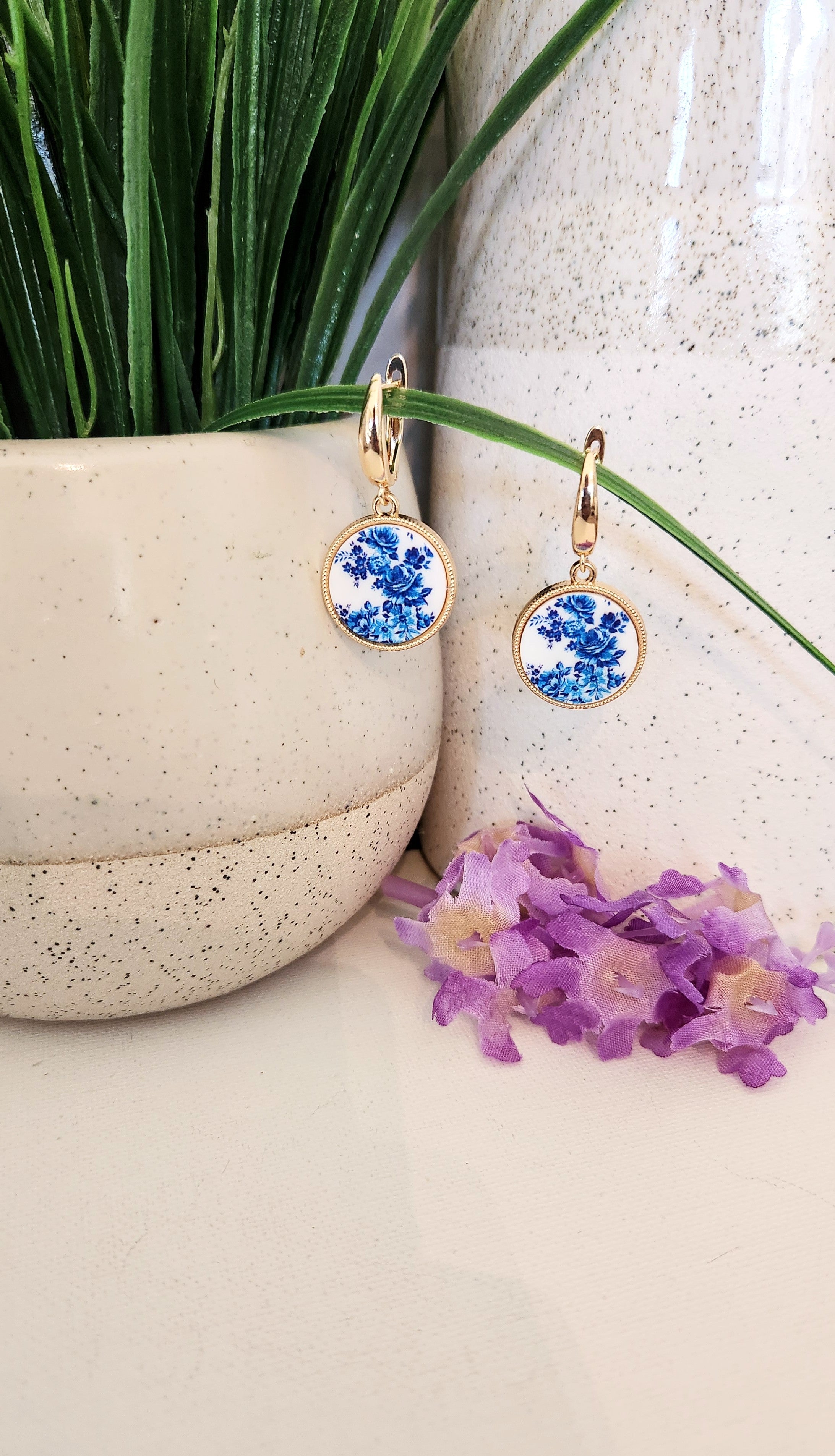 White and Blue Floral Earrings