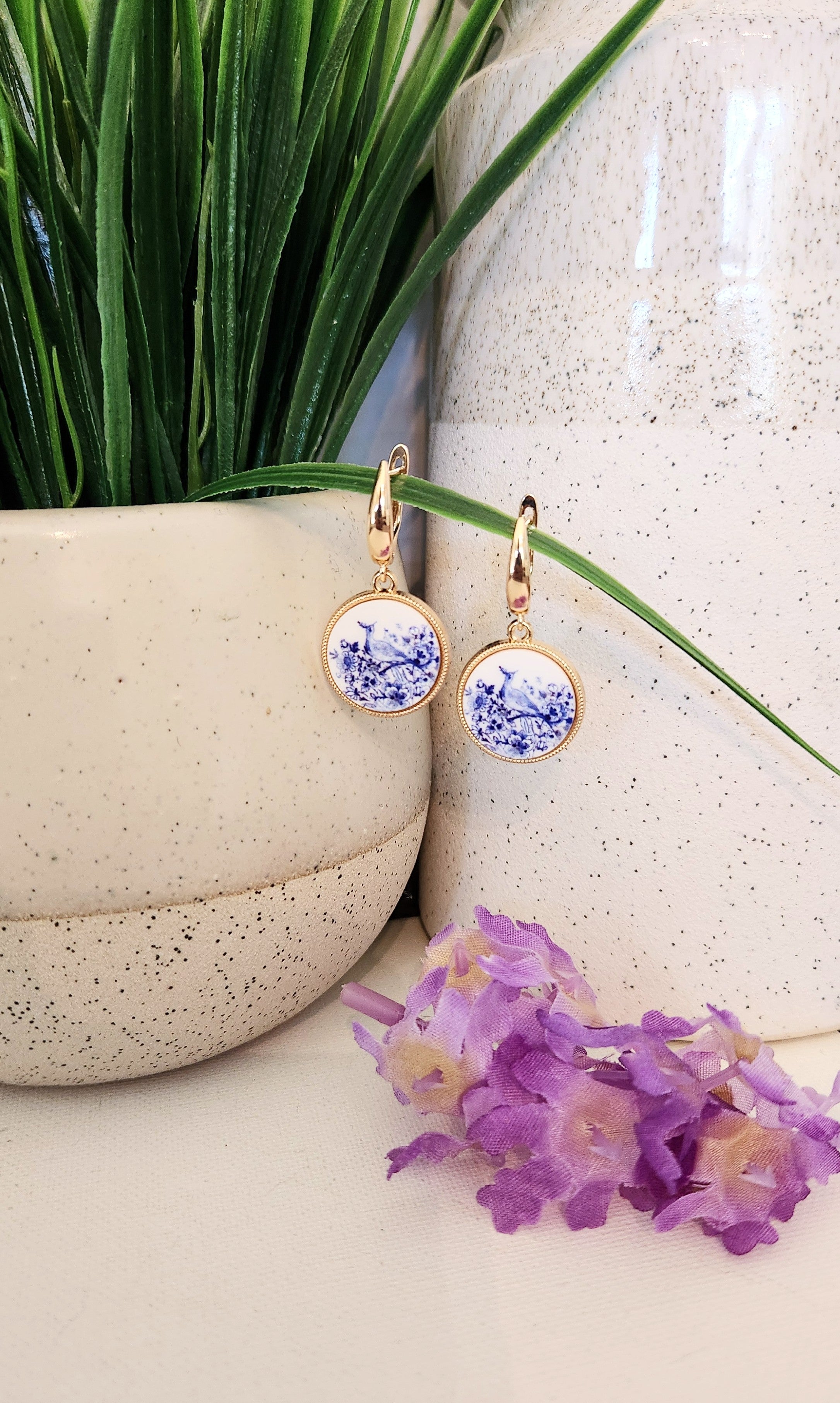 White and Blue Floral Earrings