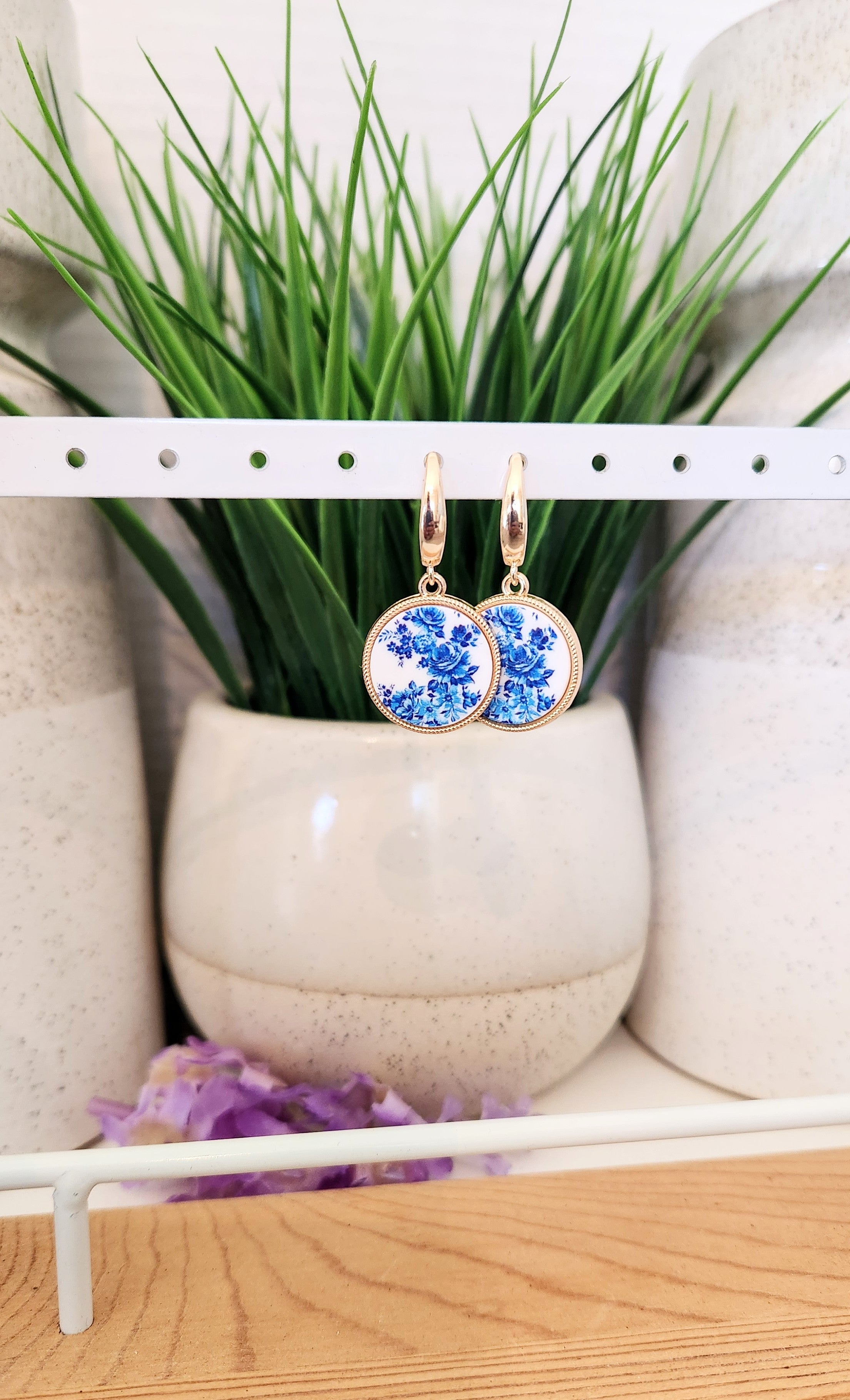 White and Blue Floral Earrings
