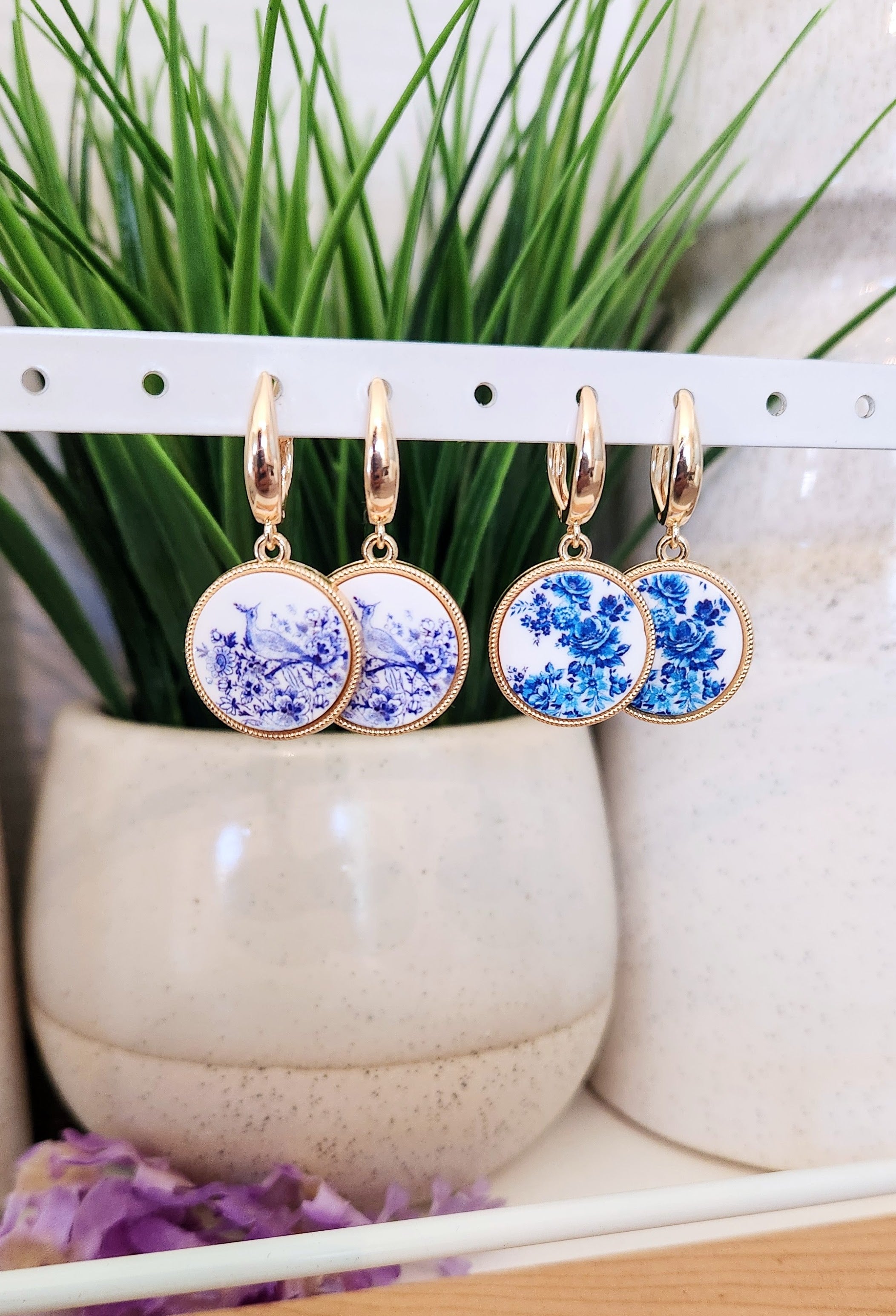 White and Blue Floral Earrings