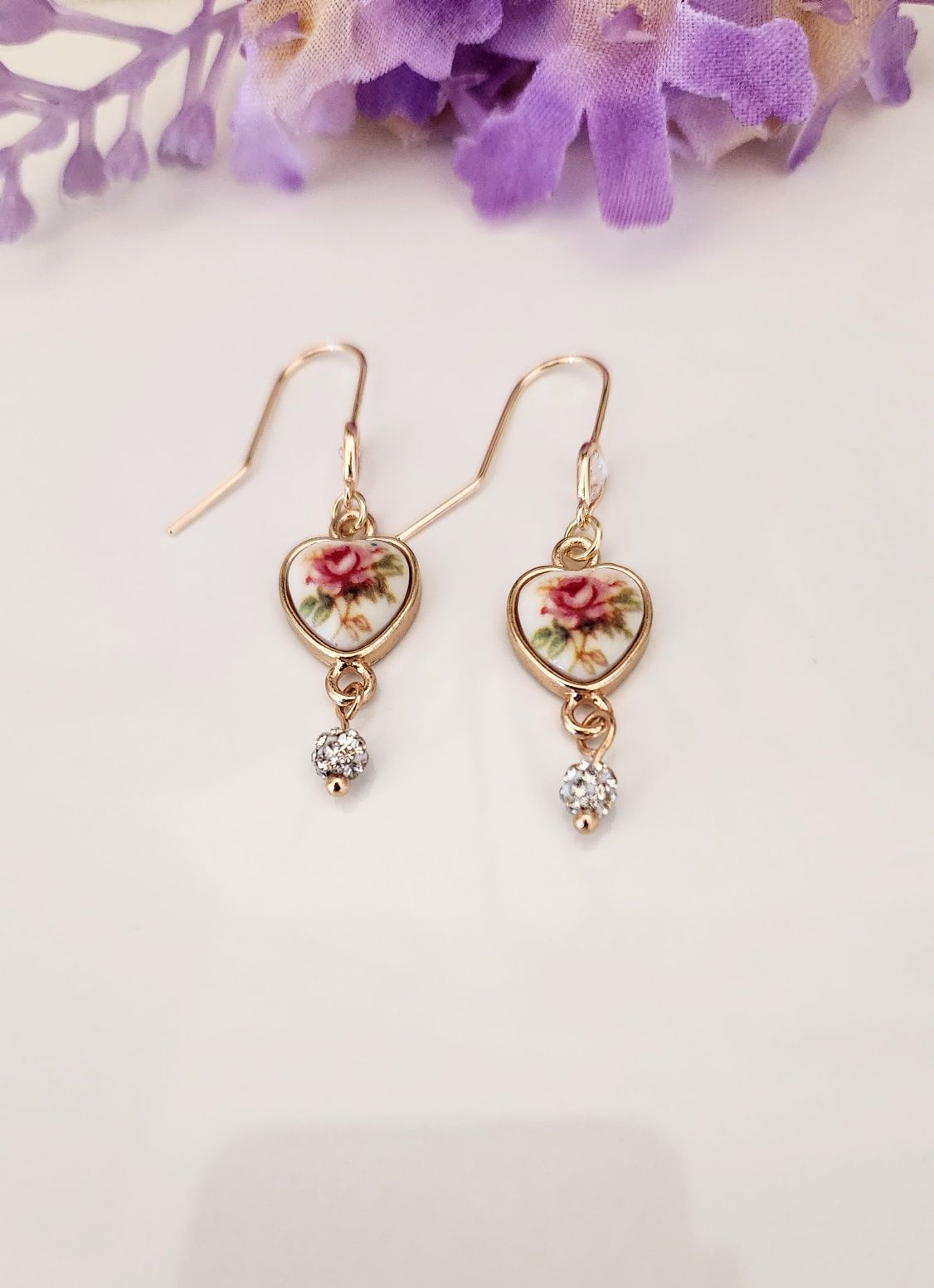 Vintage Floral Heart Earrings with Crystal Bead