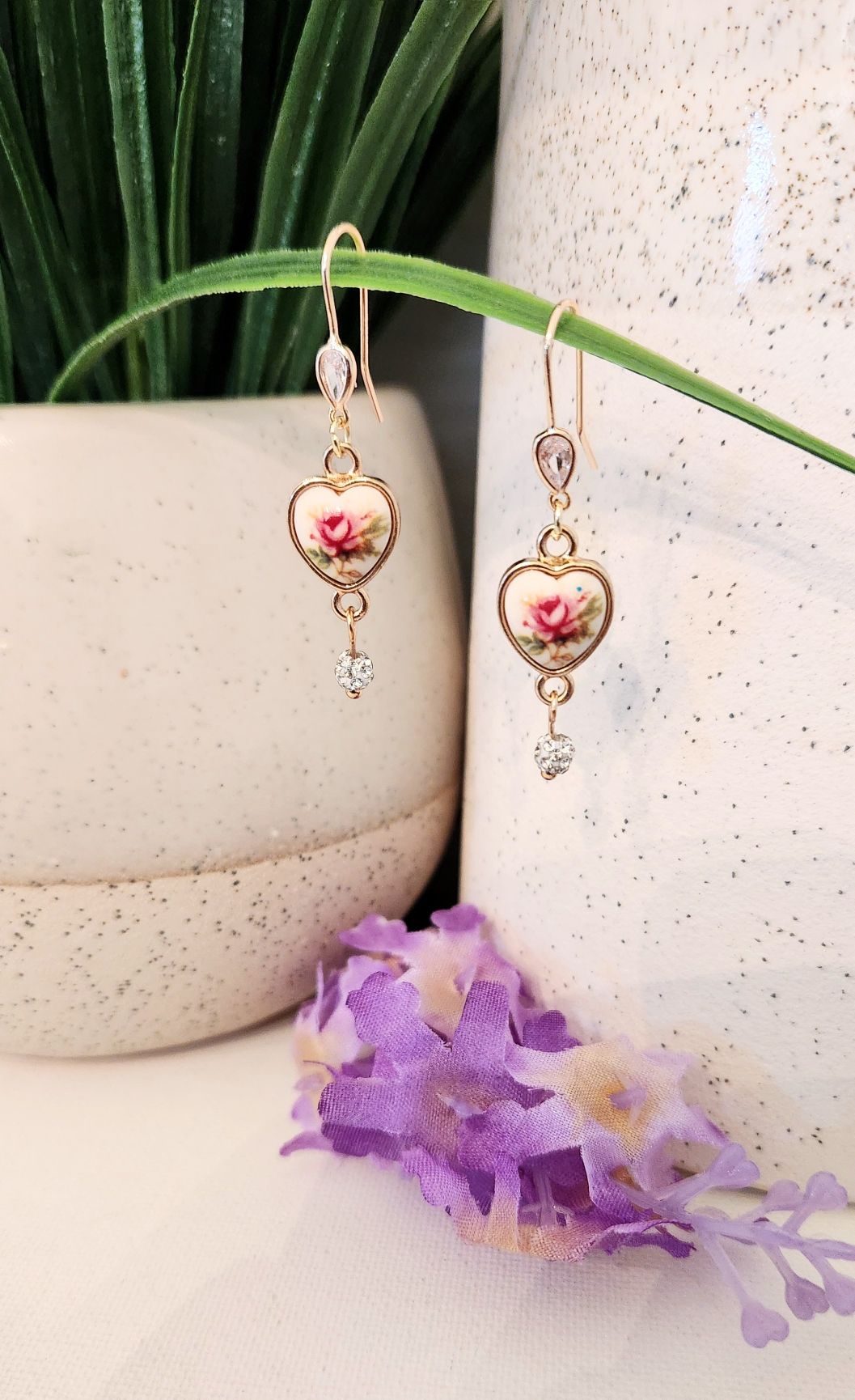 Vintage Floral Heart Earrings with Crystal Bead