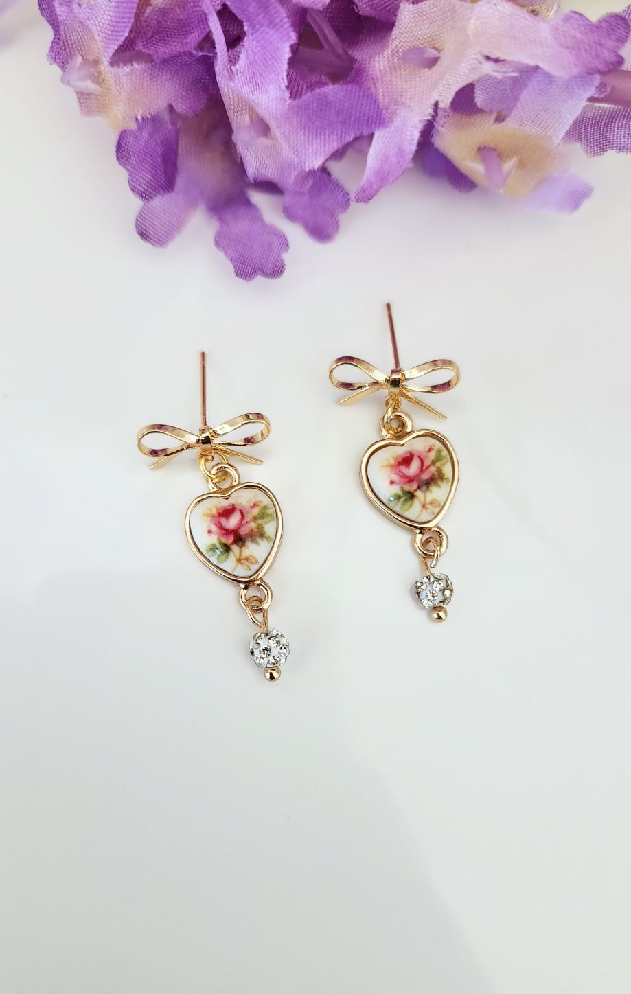 Vintage Floral Heart Earrings with Crystal Bead