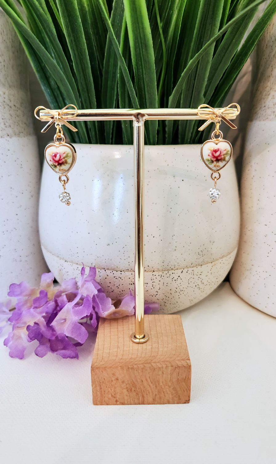 Vintage Floral Heart Earrings with Crystal Bead