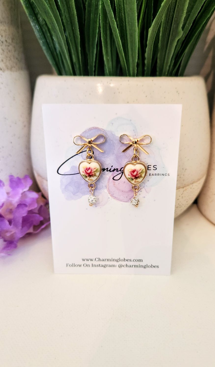 Vintage Floral Heart Earrings with Crystal Bead