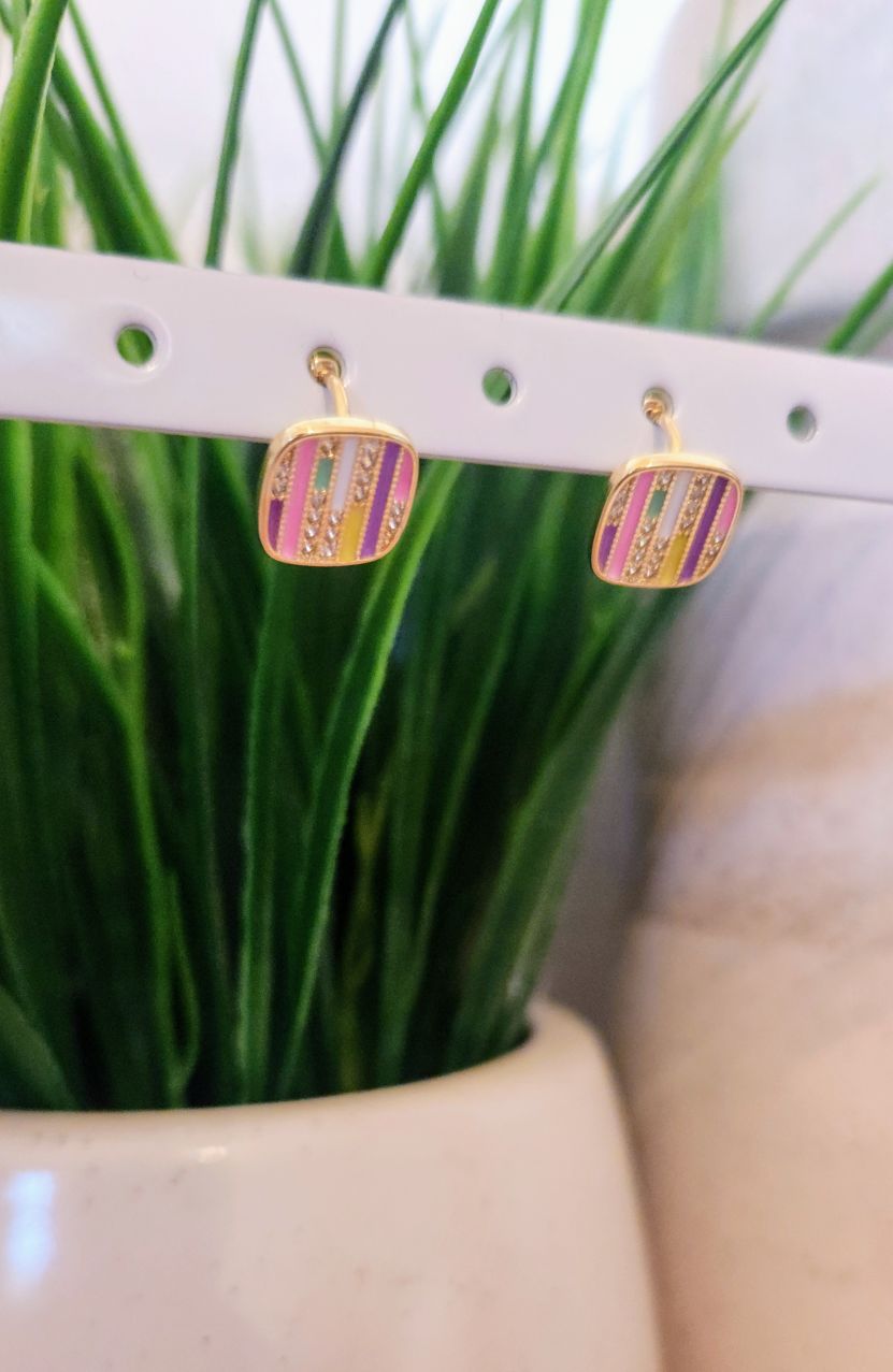 Pastel Stripe Rhinestone Huggie Earrings