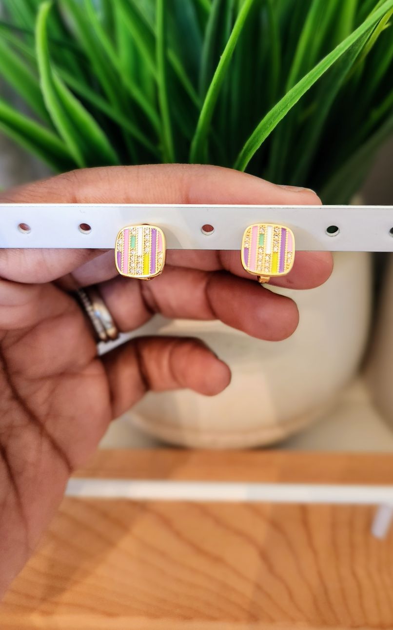 Pastel Stripe Rhinestone Huggie Earrings