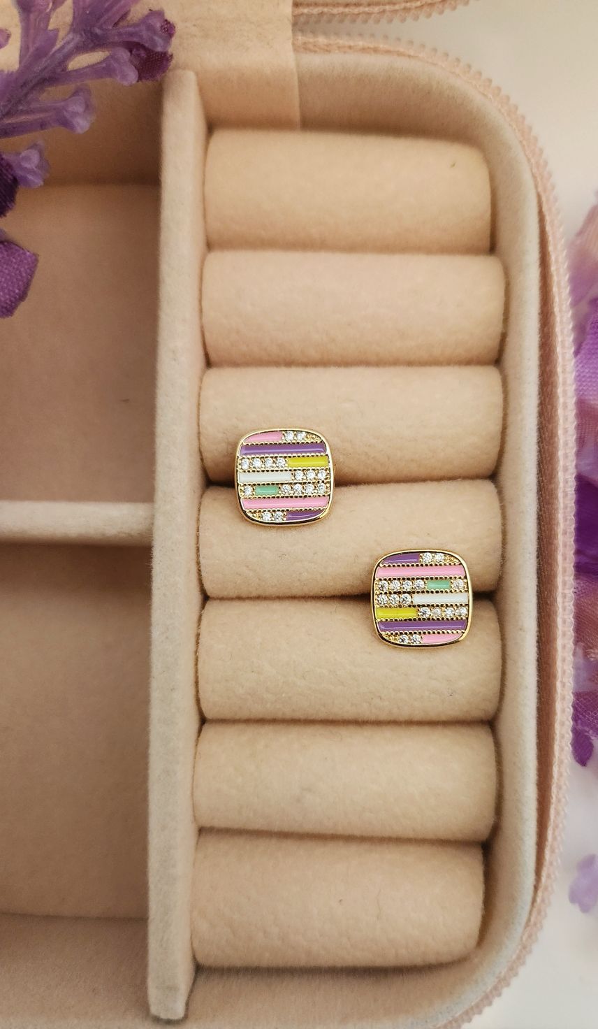 Pastel Stripe Rhinestone Huggie Earrings