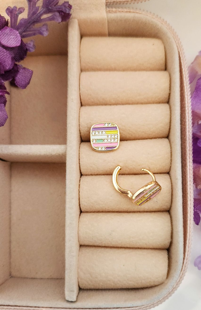 Pastel Stripe Rhinestone Huggie Earrings