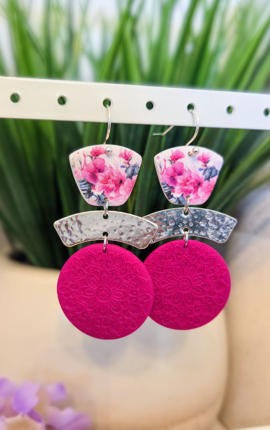 Pink Floral & Magenta Mandala Statement Earrings