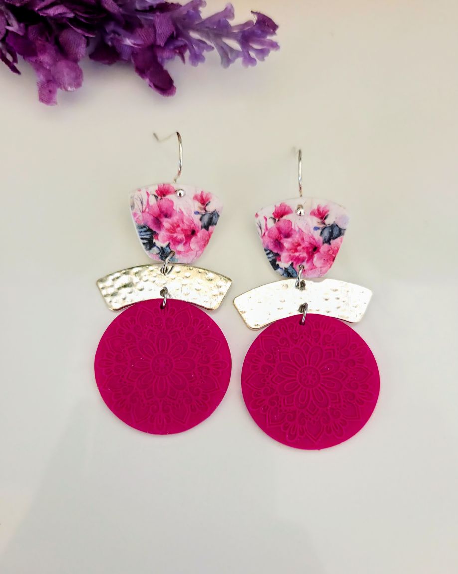 Pink Floral & Magenta Mandala Statement Earrings