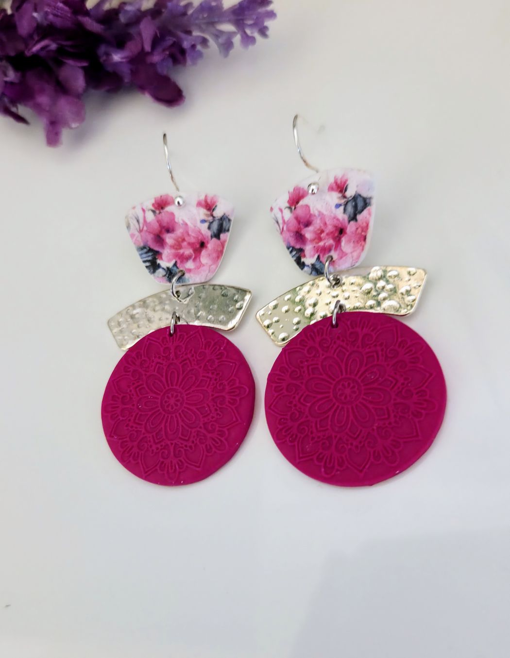 Pink Floral & Magenta Mandala Statement Earrings