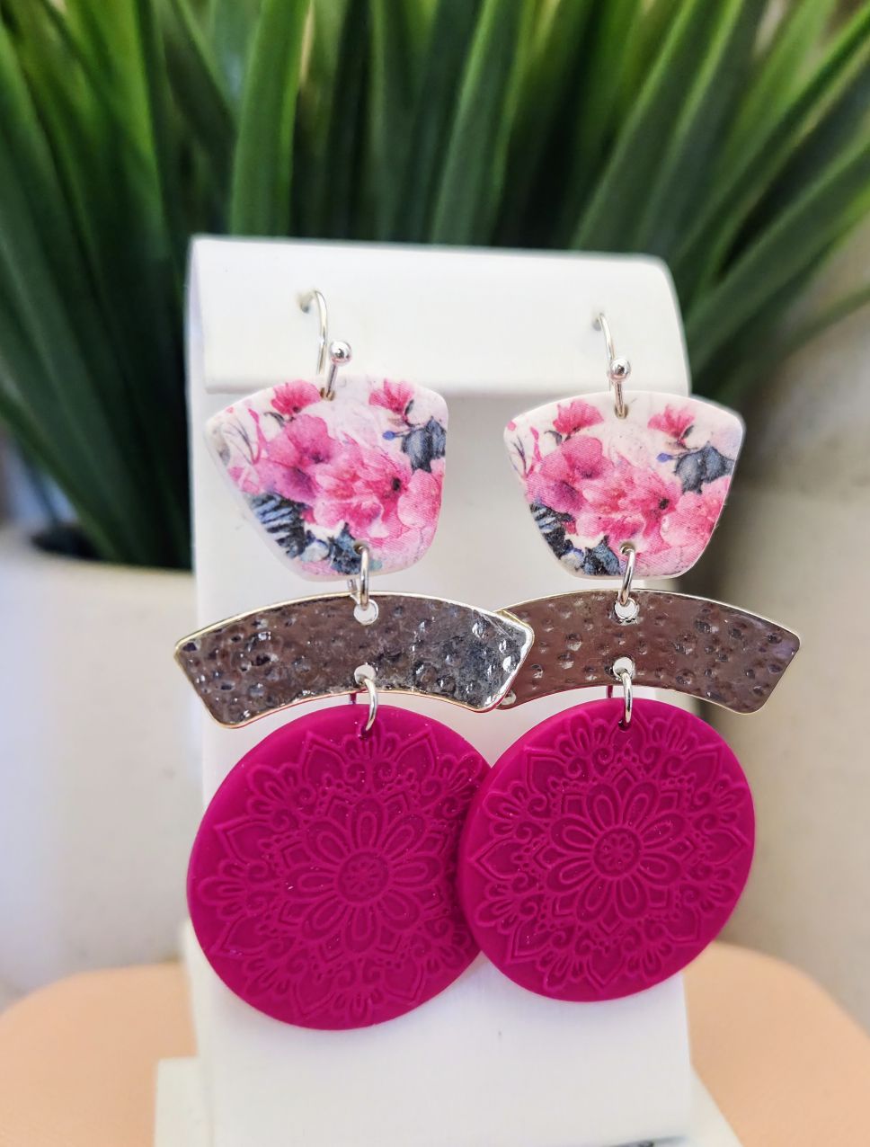 Pink Floral & Magenta Mandala Statement Earrings