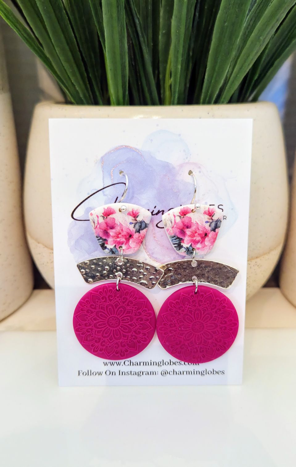Pink Floral & Magenta Mandala Statement Earrings