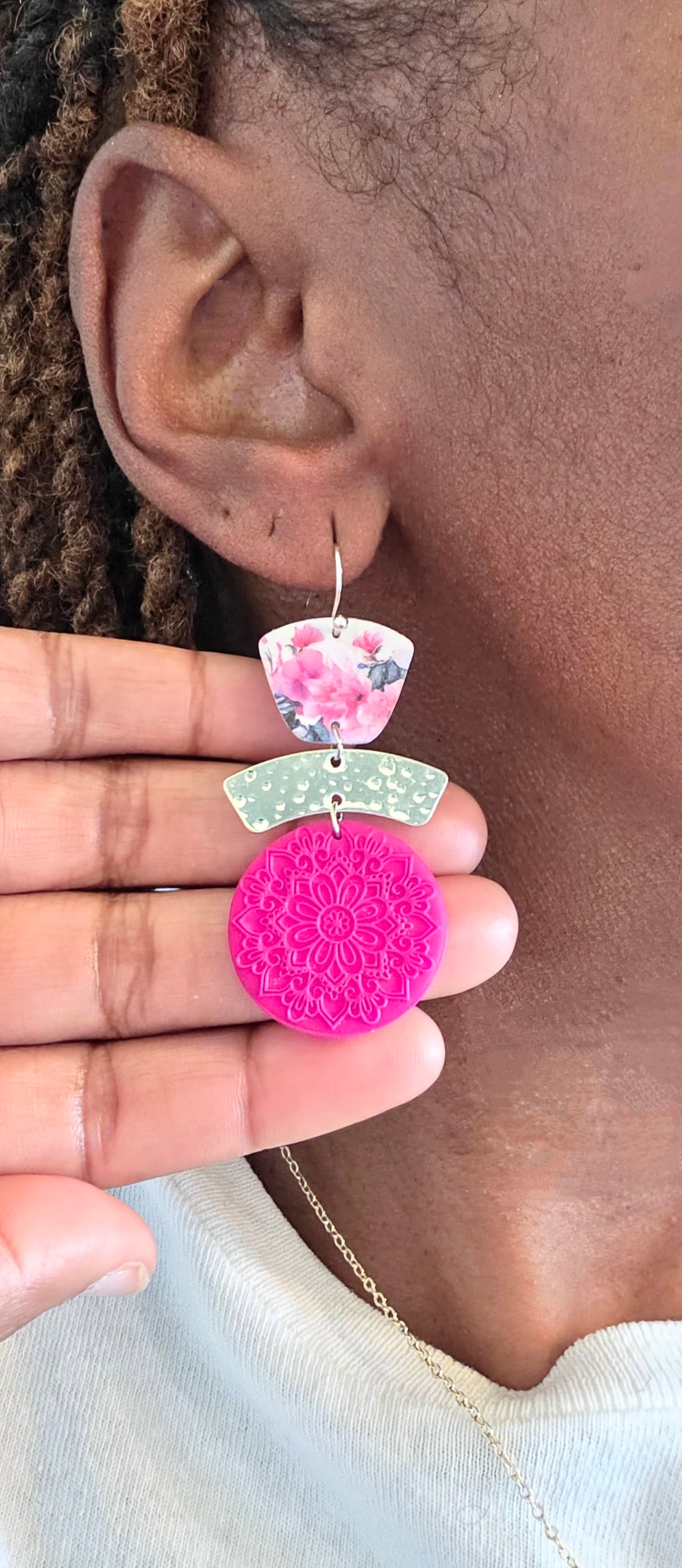 Pink Floral & Magenta Mandala Statement Earrings