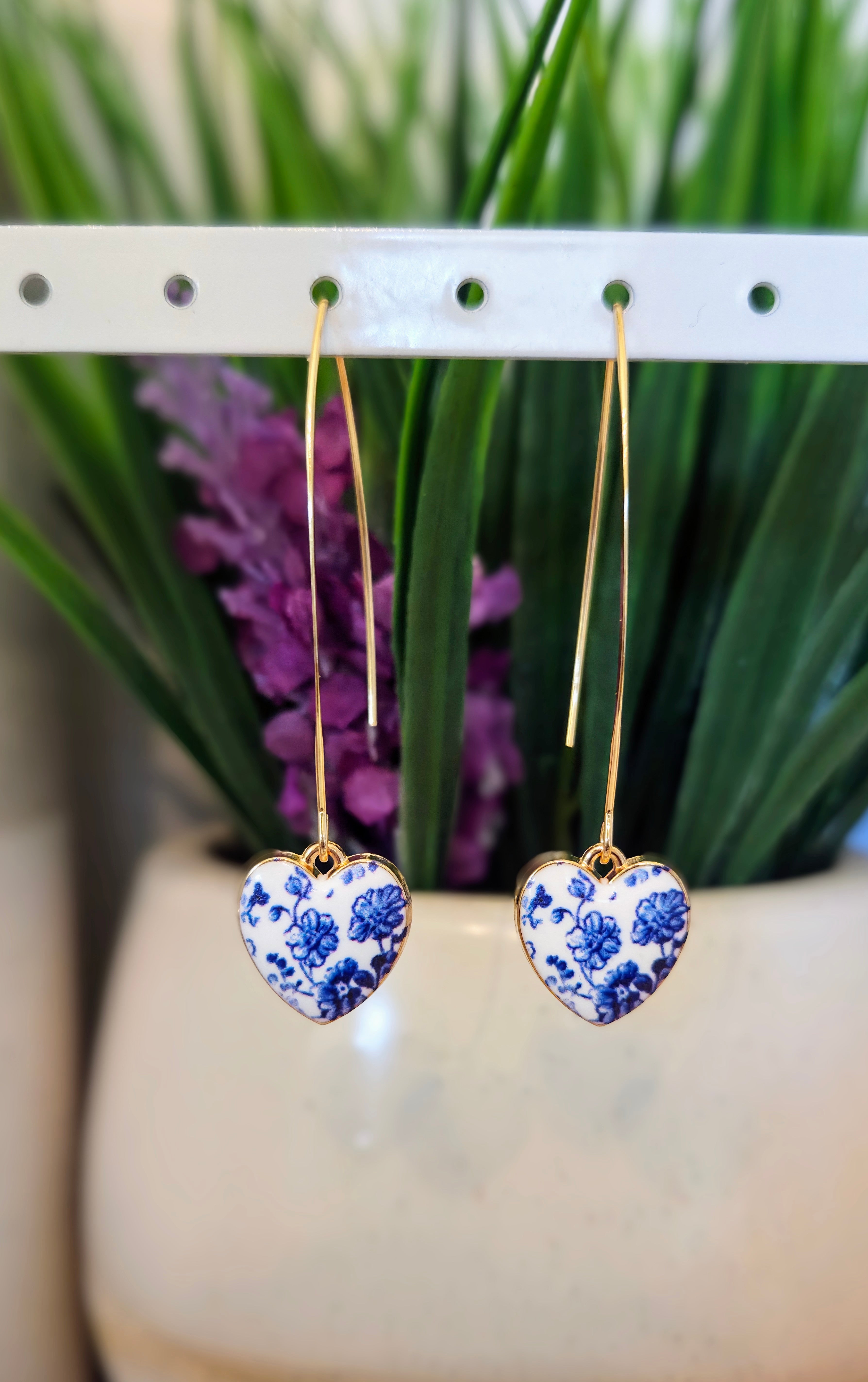 Blue Floral Heart Earrings: Bowknot Studs or Threaders