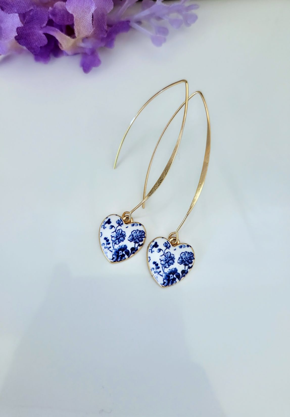 Blue Floral Heart Earrings: Bowknot Studs or Threaders