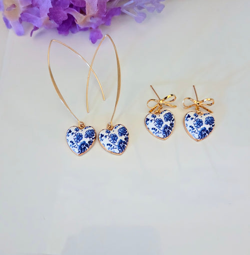 Blue Floral Heart Earrings: Bowknot Studs or Threaders