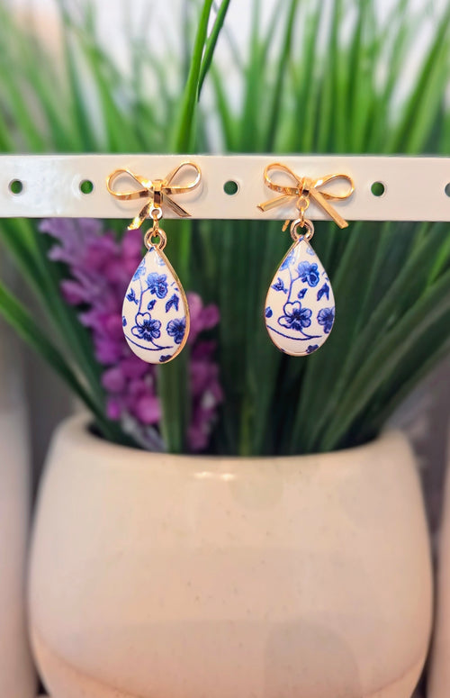Blue & White Floral Teardrop Earrings: Bowknot Studs or Threaders