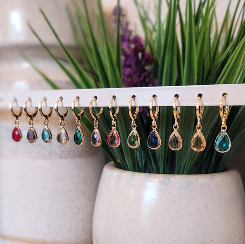 Birthstone Huggie Hoop Earrings– Dainty 18k Gold Drop in Every Month