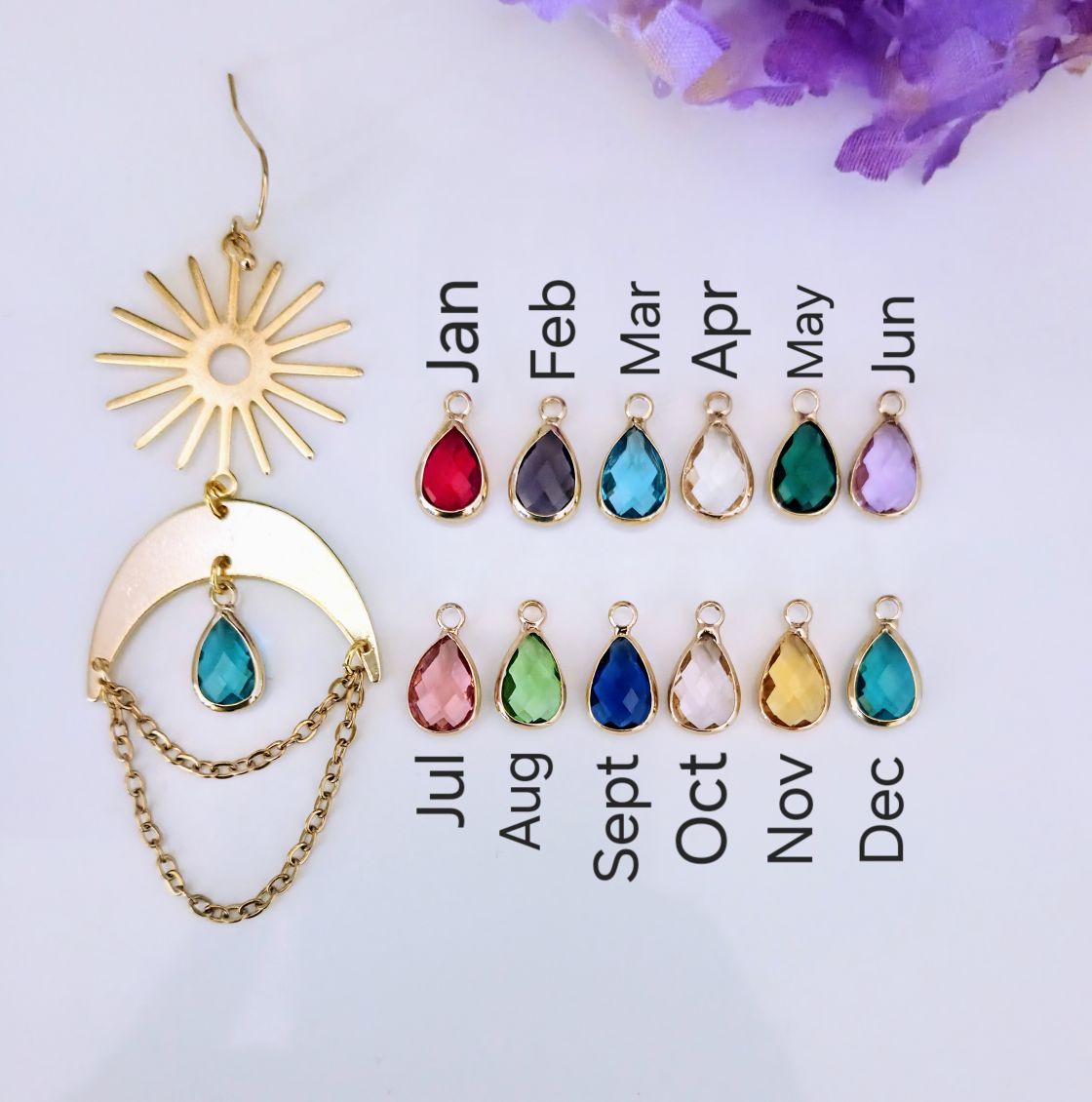 Sun and Moon Birthstone Earrings- Choose Month