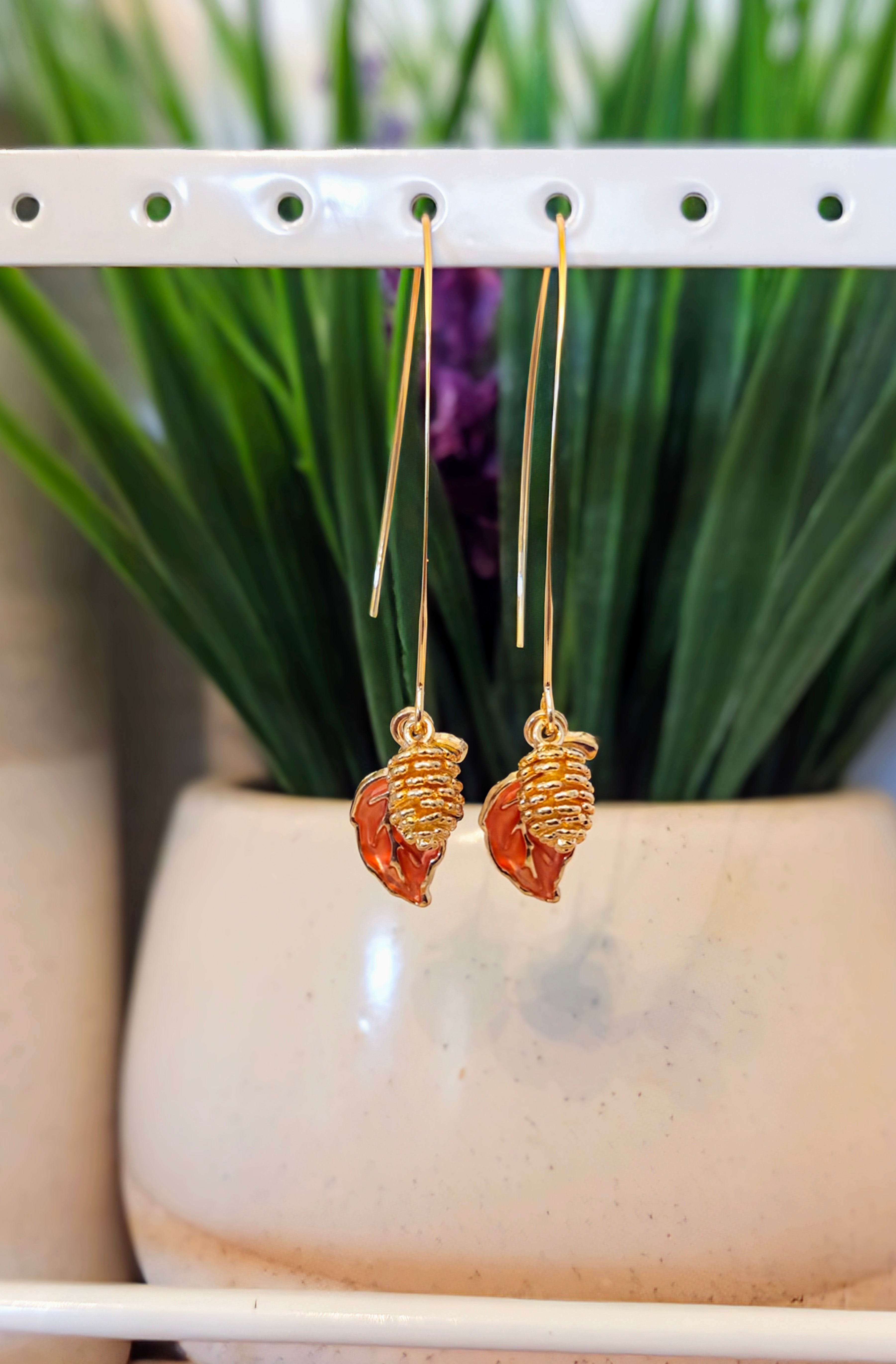 Gold Pinecone & Leaf Threader Earrings– Choose Color