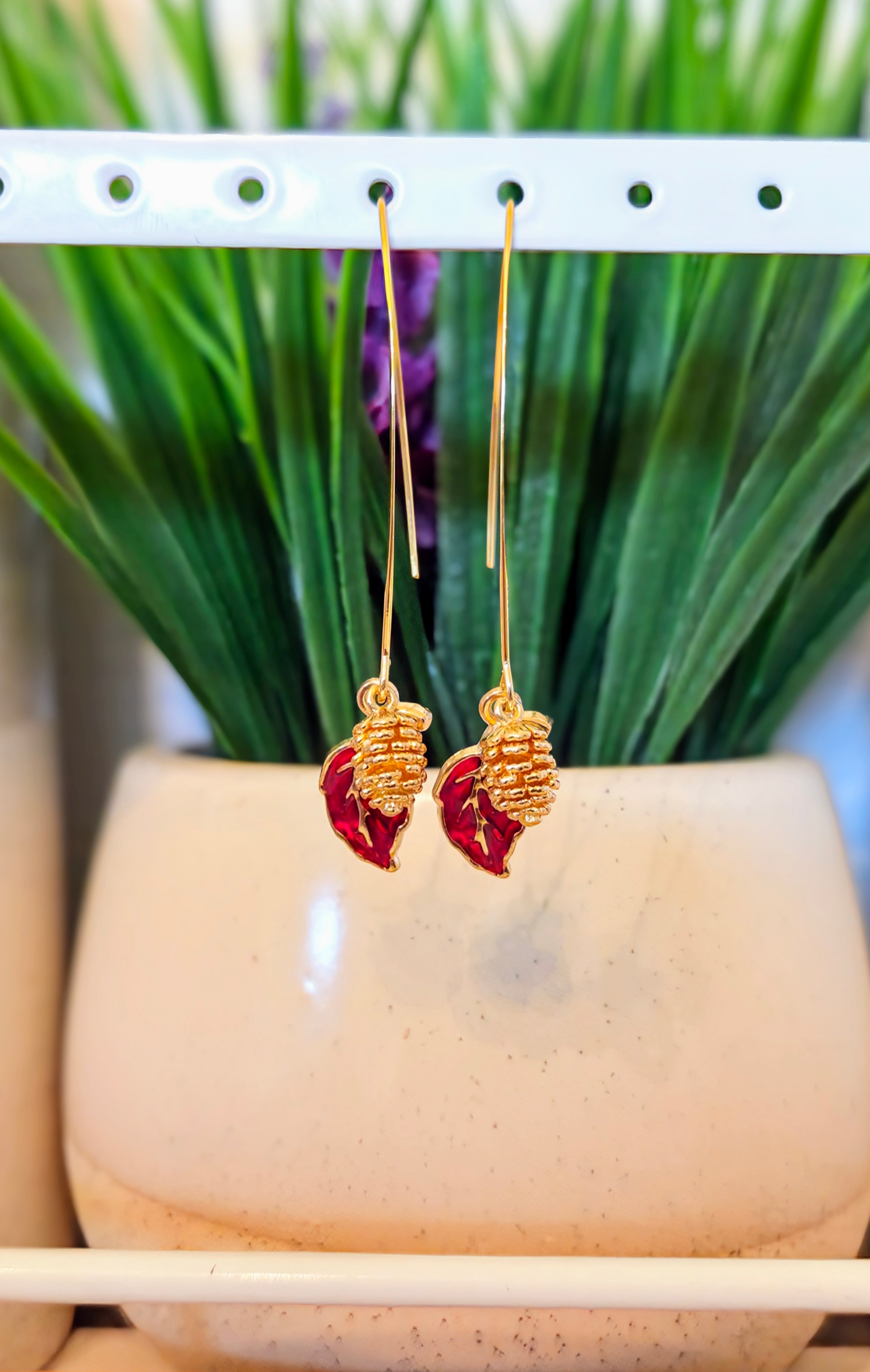 Gold Pinecone & Leaf Threader Earrings– Choose Color