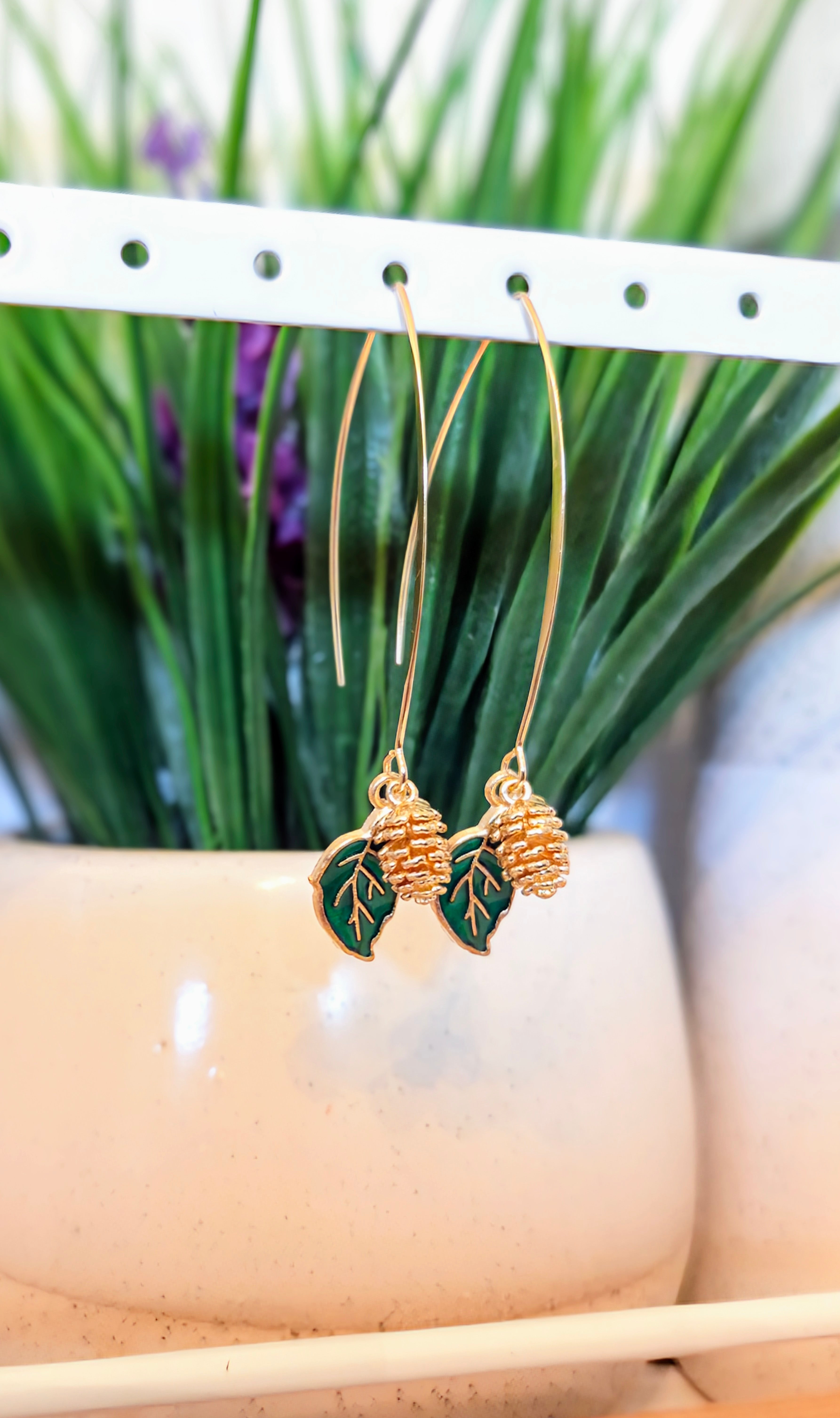 Gold Pinecone & Leaf Threader Earrings– Choose Color