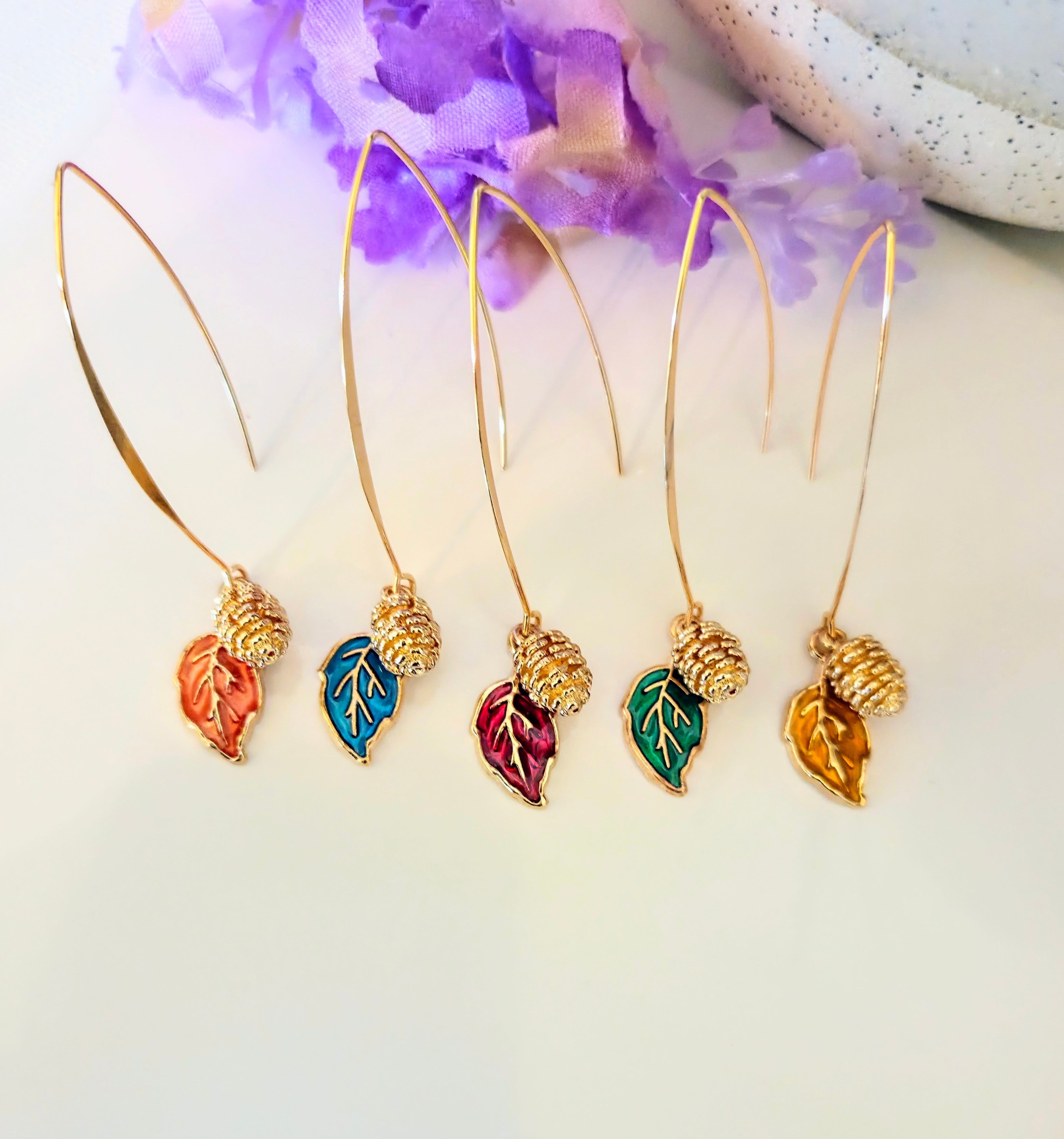 Gold Pinecone & Leaf Threader Earrings– Choose Color