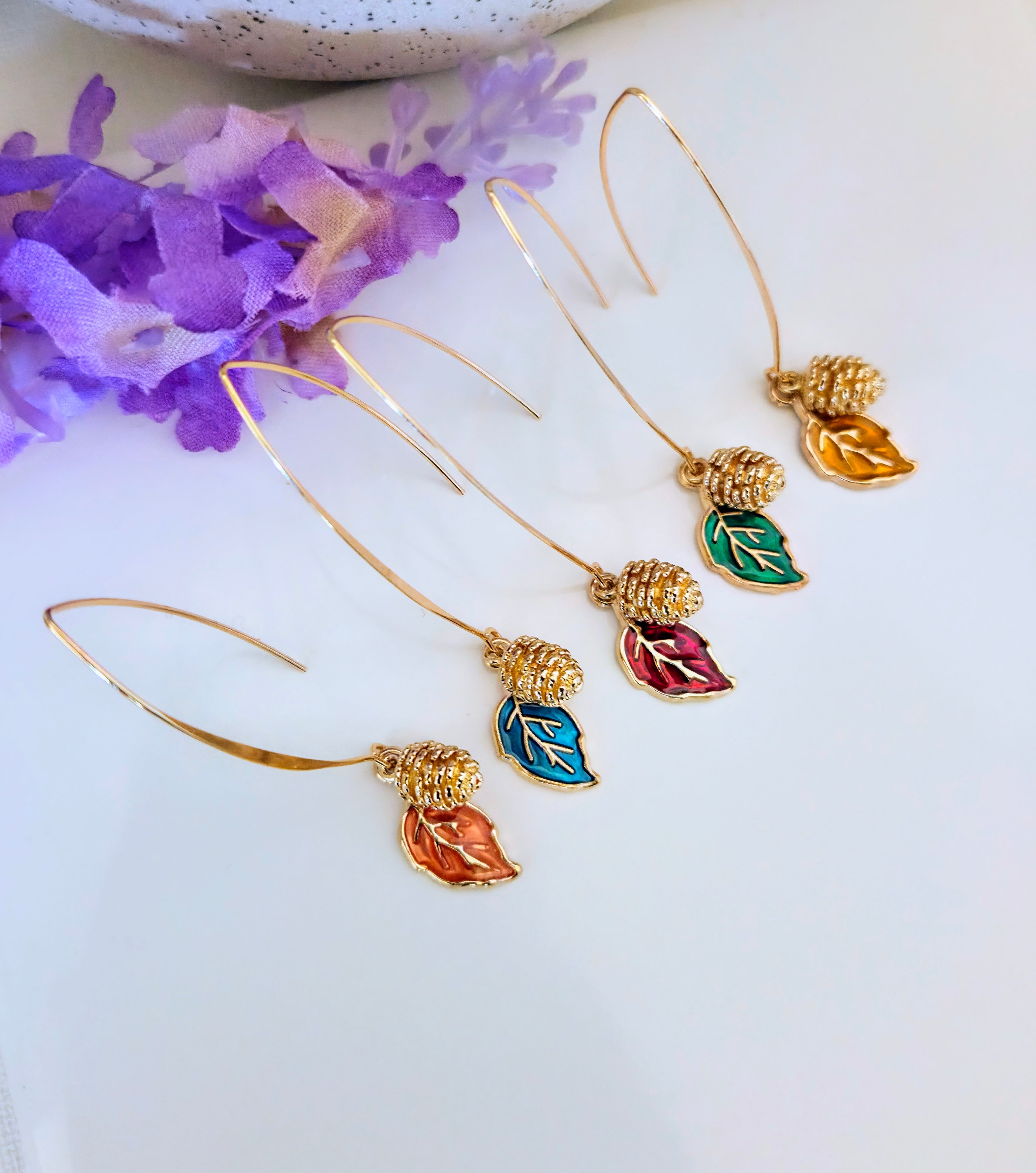 Gold Pinecone & Leaf Threader Earrings– Choose Color