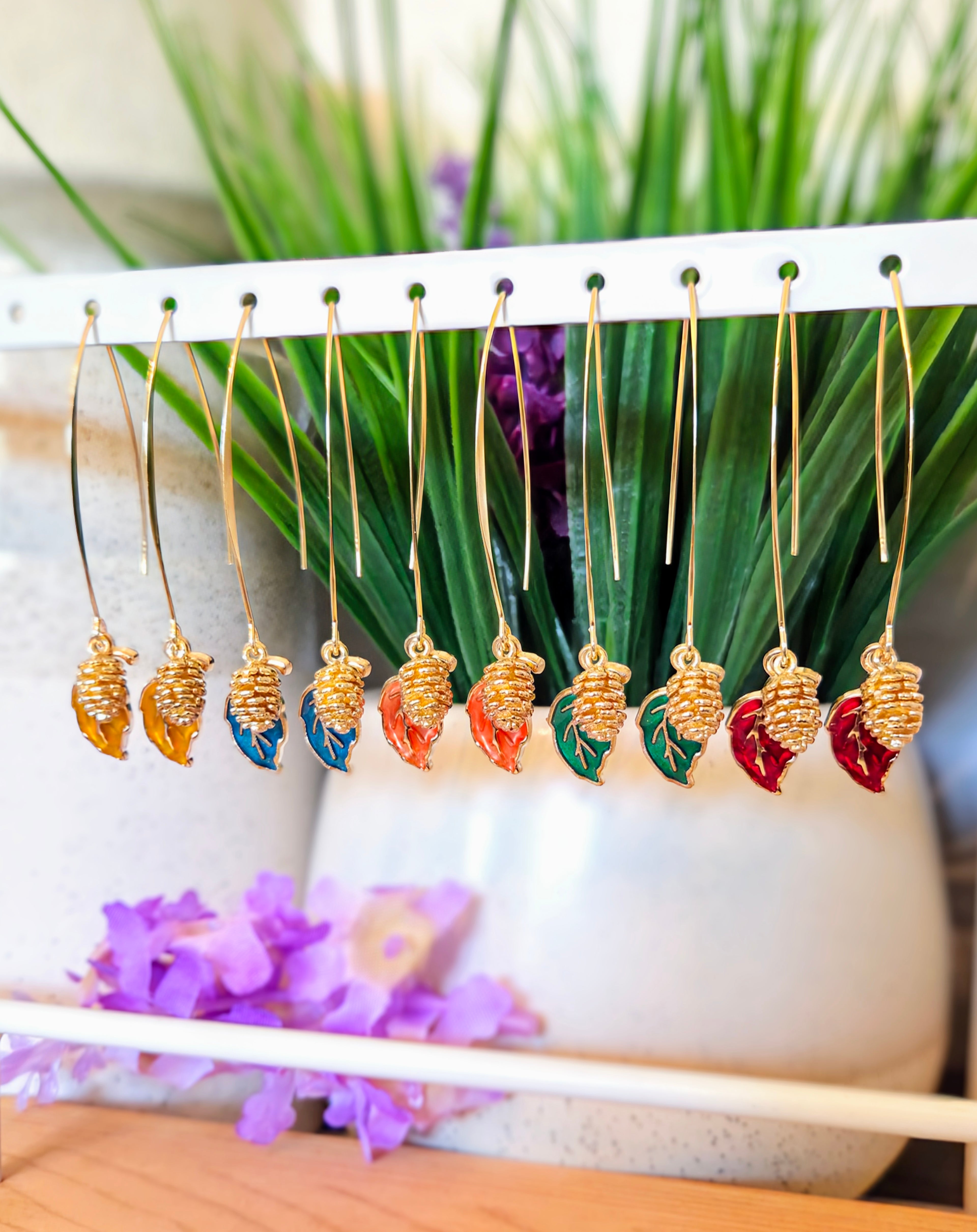 Gold Pinecone & Leaf Threader Earrings– Choose Color