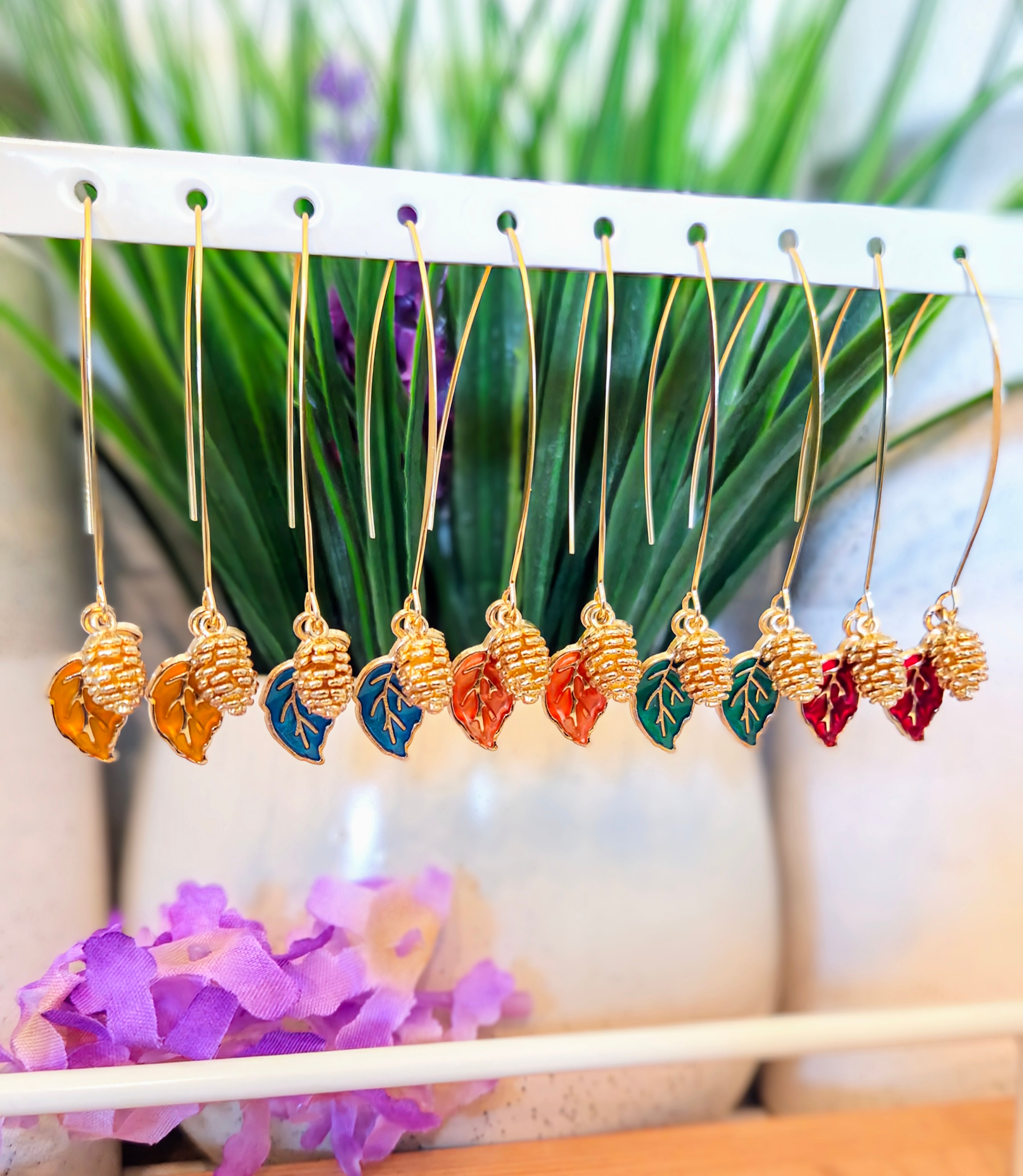 Gold Pinecone & Leaf Threader Earrings– Choose Color