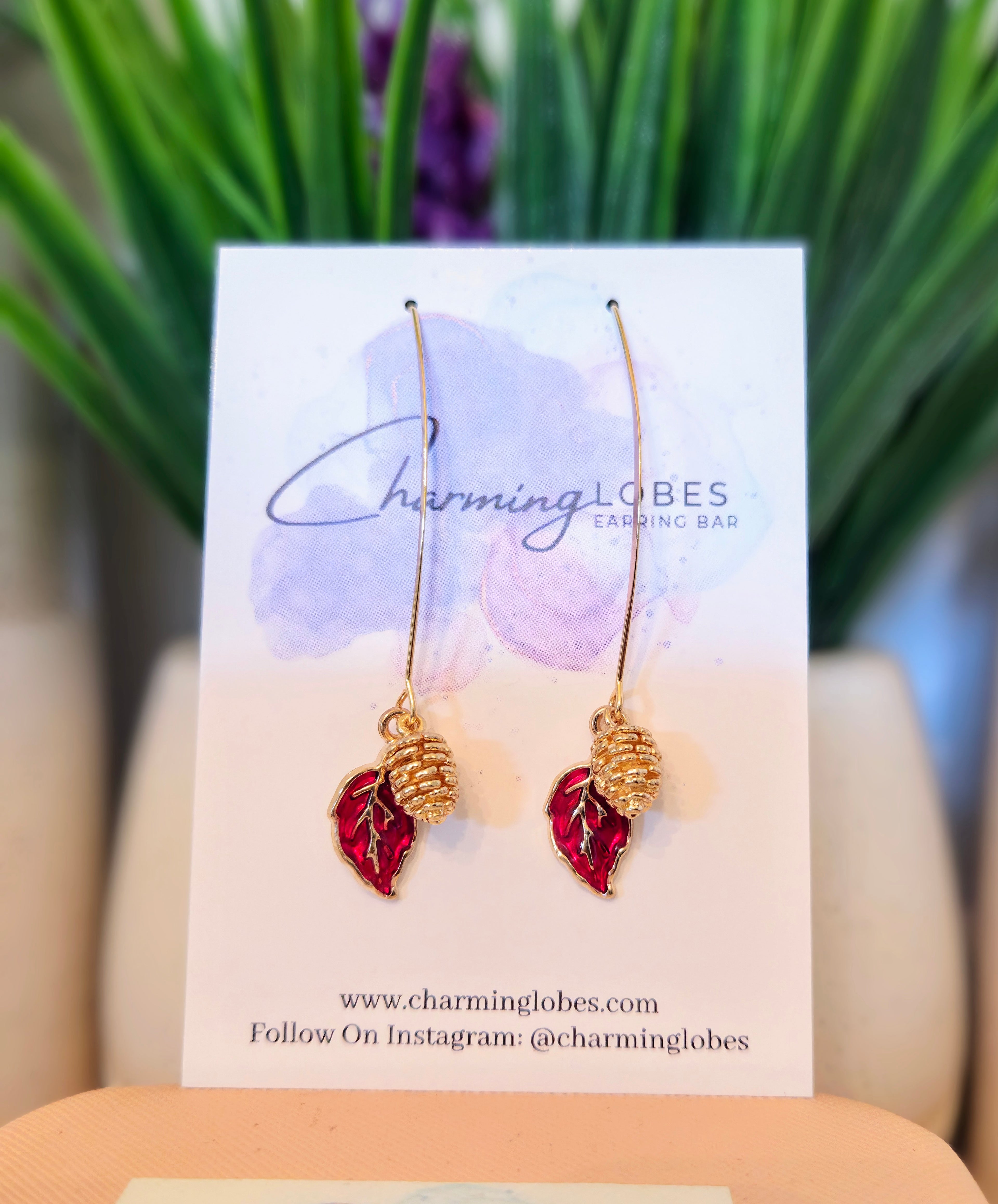 Gold Pinecone & Leaf Threader Earrings– Choose Color