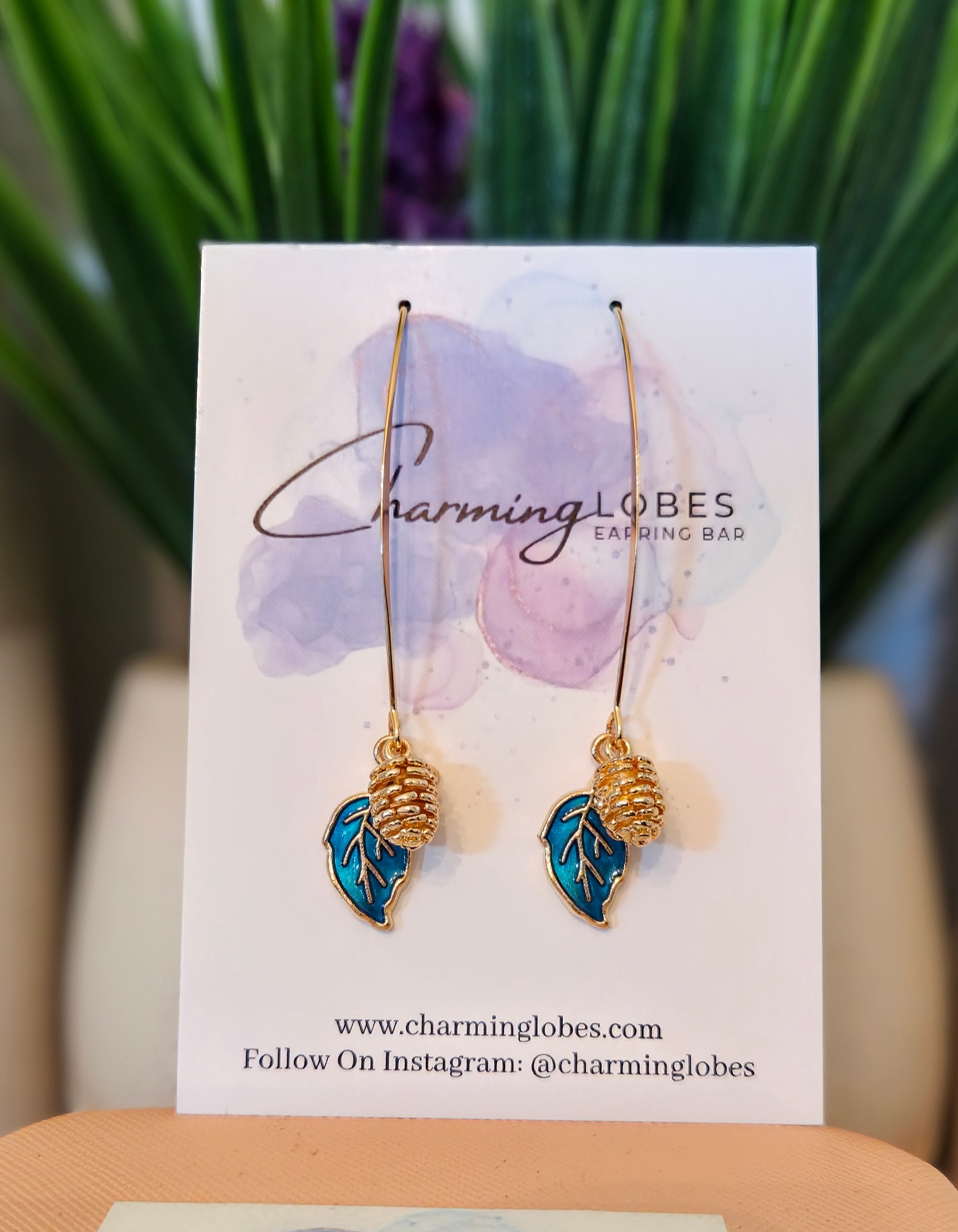 Gold Pinecone & Leaf Threader Earrings– Choose Color