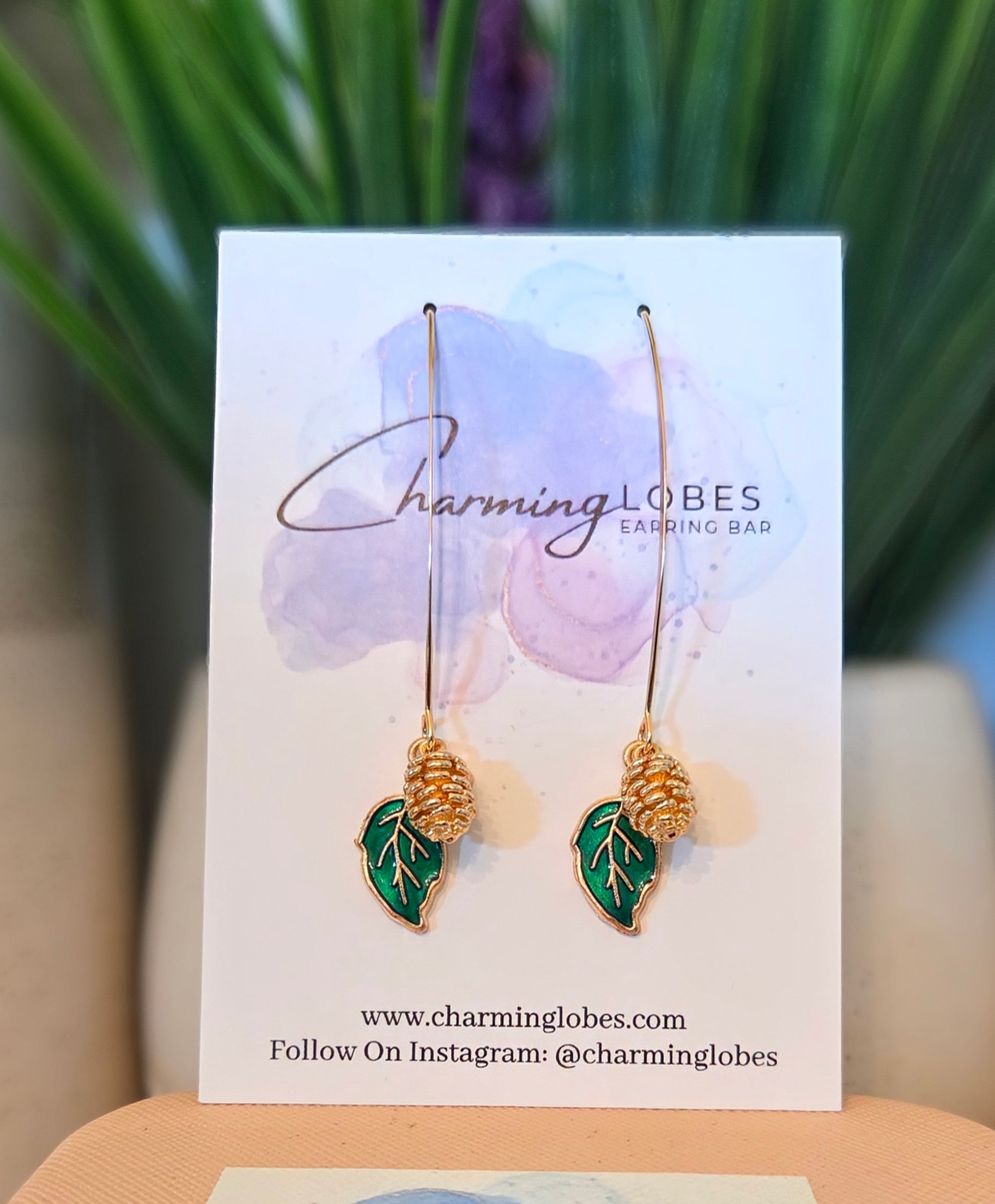 Gold Pinecone & Leaf Threader Earrings– Choose Color