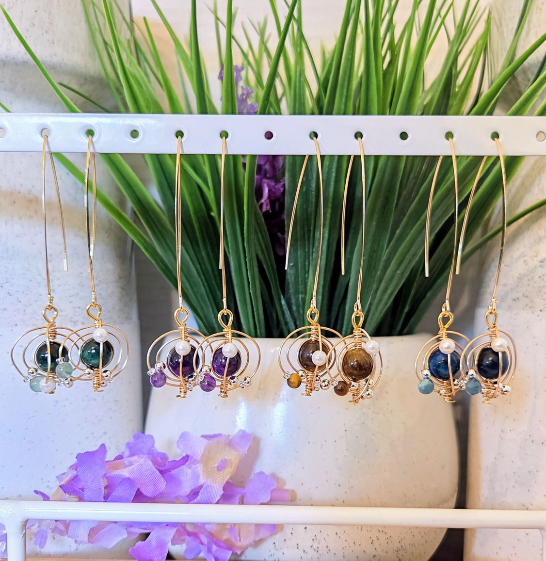 Wire Wrapped Gemstone Orb Earrings