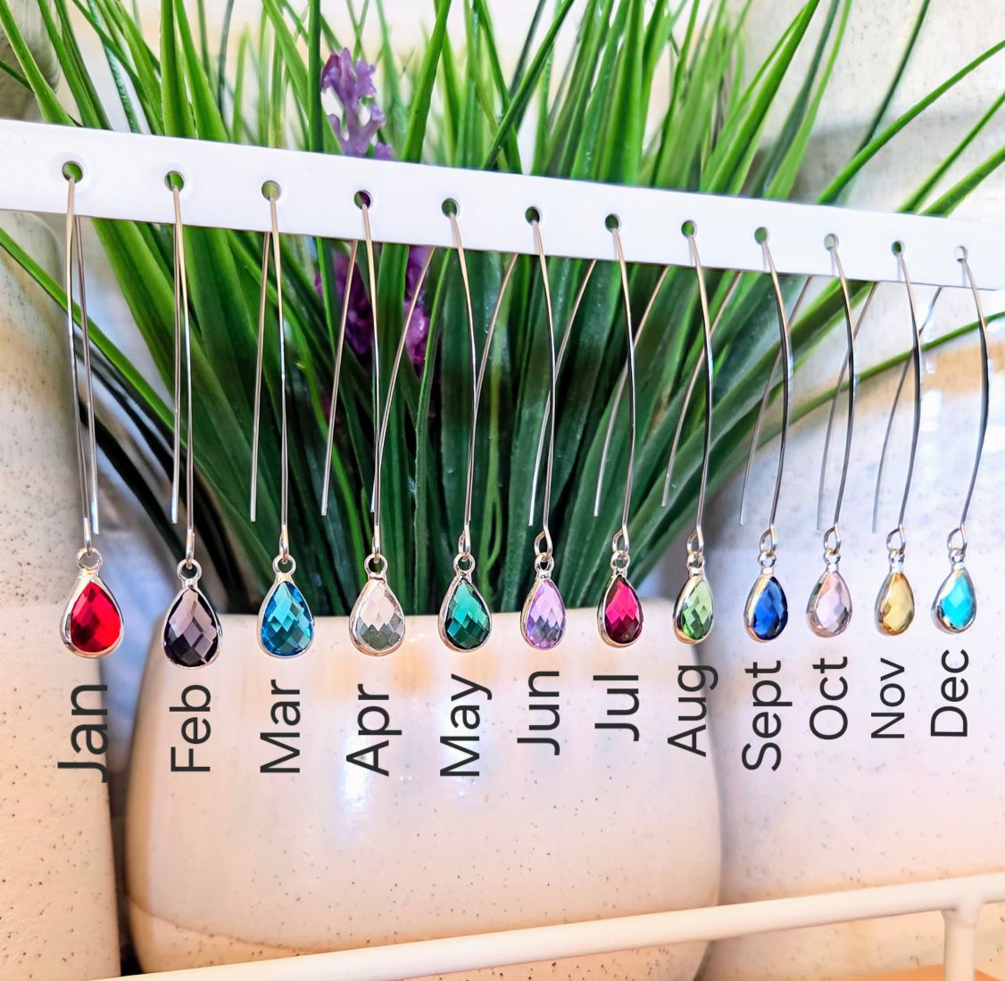 Birthstone Silver Threader Earrings: Choose Month