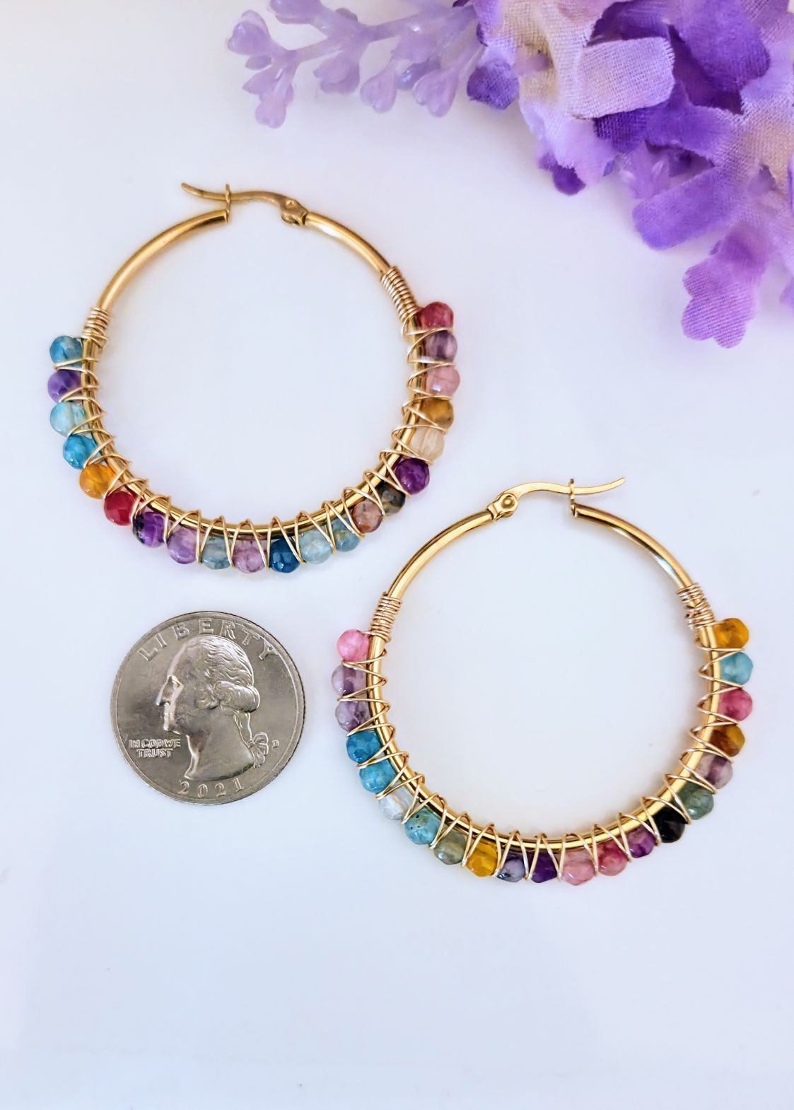 Colorful Wire Wrapped Beaded Hoops