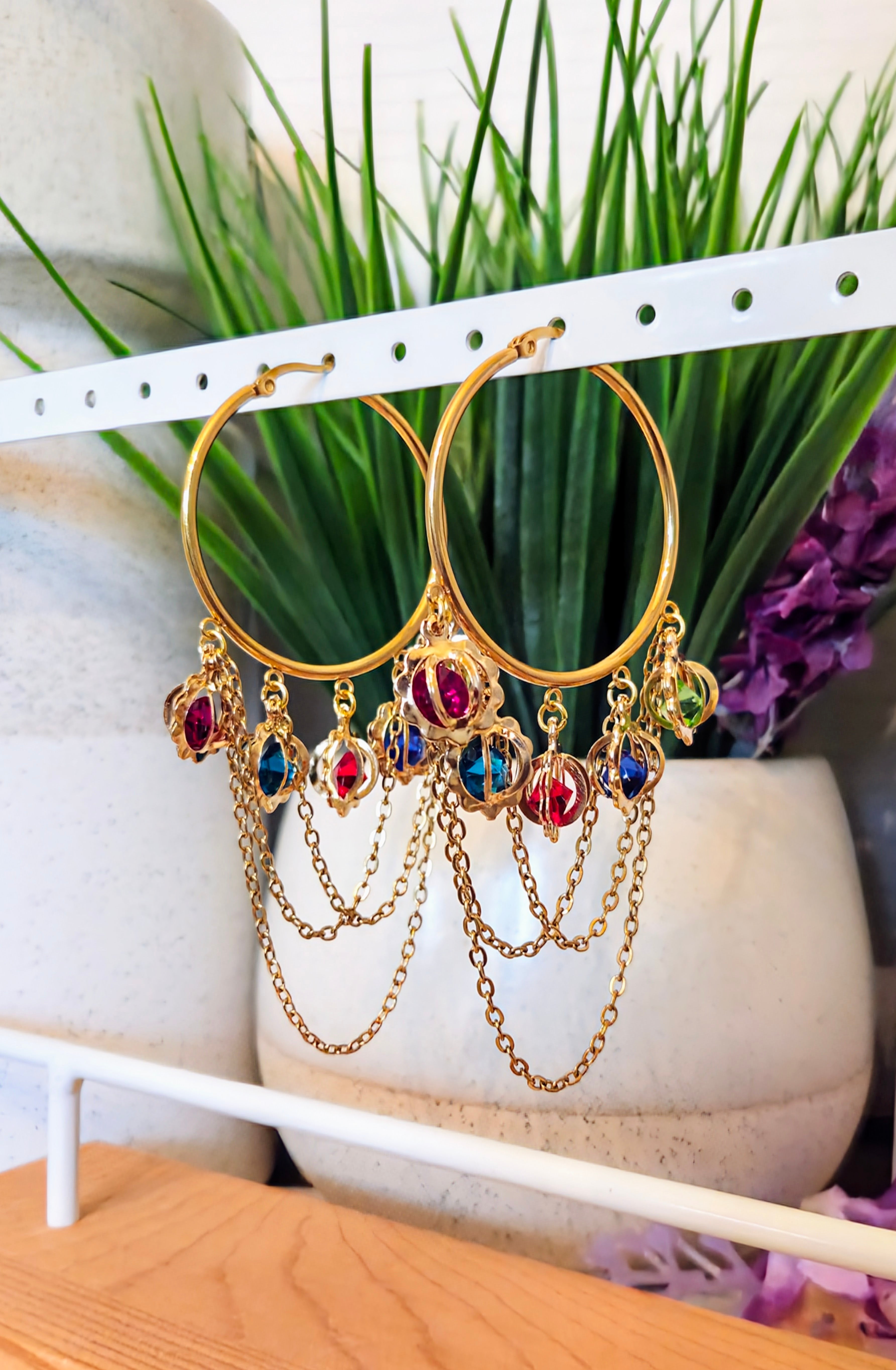 Jewel Dangle Chain Hoops