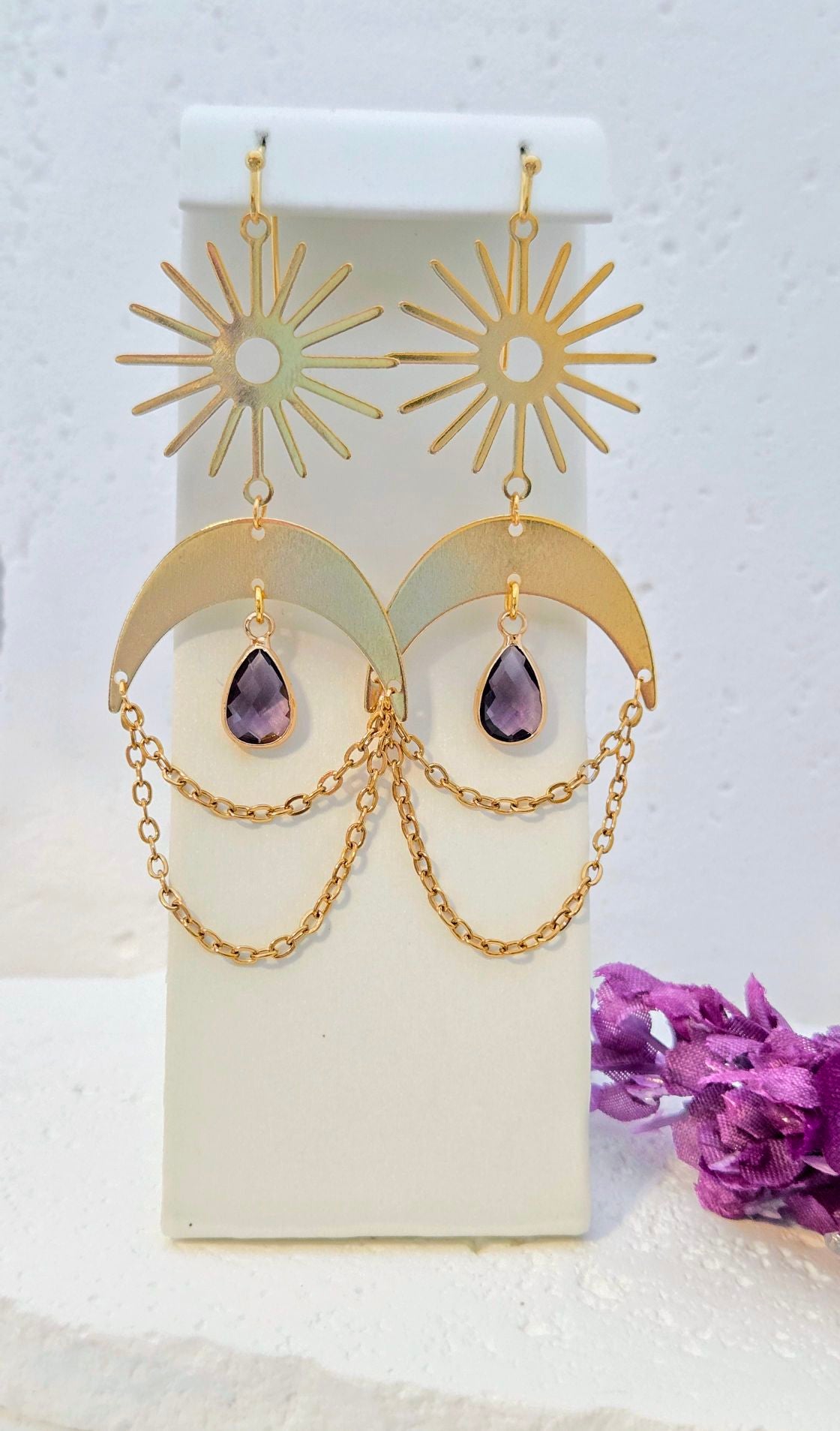 Sun and Moon Birthstone Earrings- Choose Month