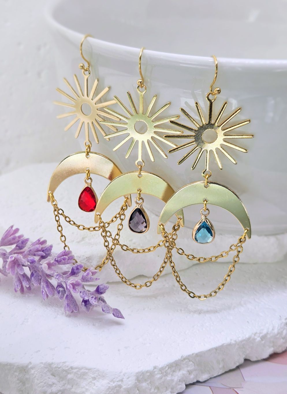 Sun and Moon Birthstone Earrings- Choose Month