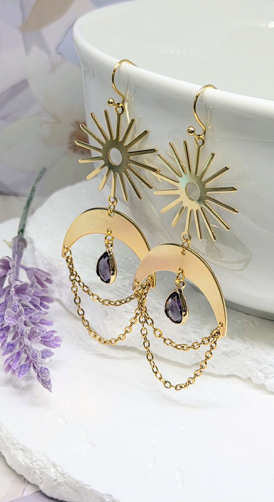 Sun and Moon Birthstone Earrings- Choose Month