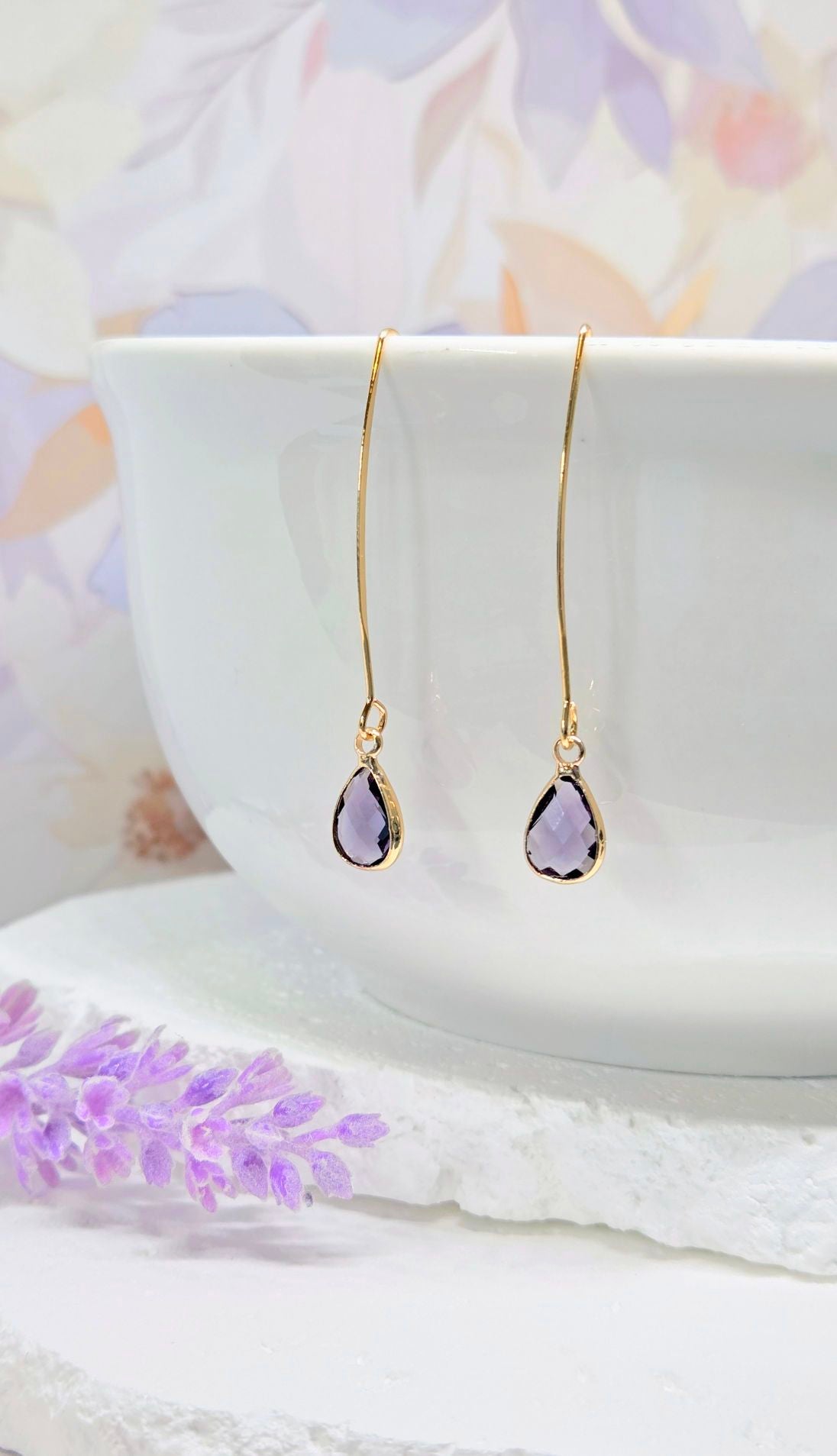 Birthstone Threader Earrings- 18k Gold Dangle Drop for Every Month