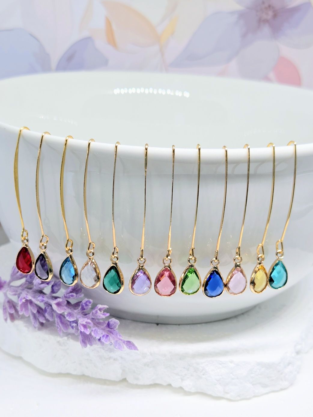 Birthstone Threader Earrings- 18k Gold Dangle Drop for Every Month
