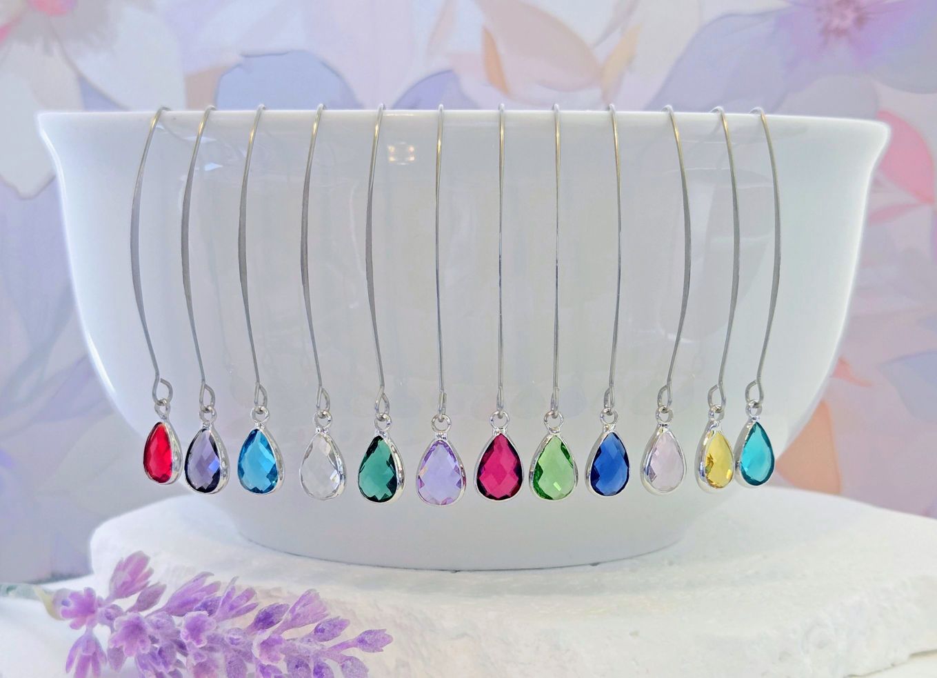 Birthstone Silver Threader Earrings: Choose Month